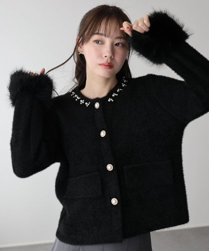 袖ファーパールビジュージャケット