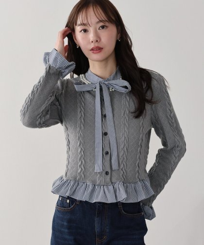 【TIME SALE】ボウタイシャツドッキングカーディガン