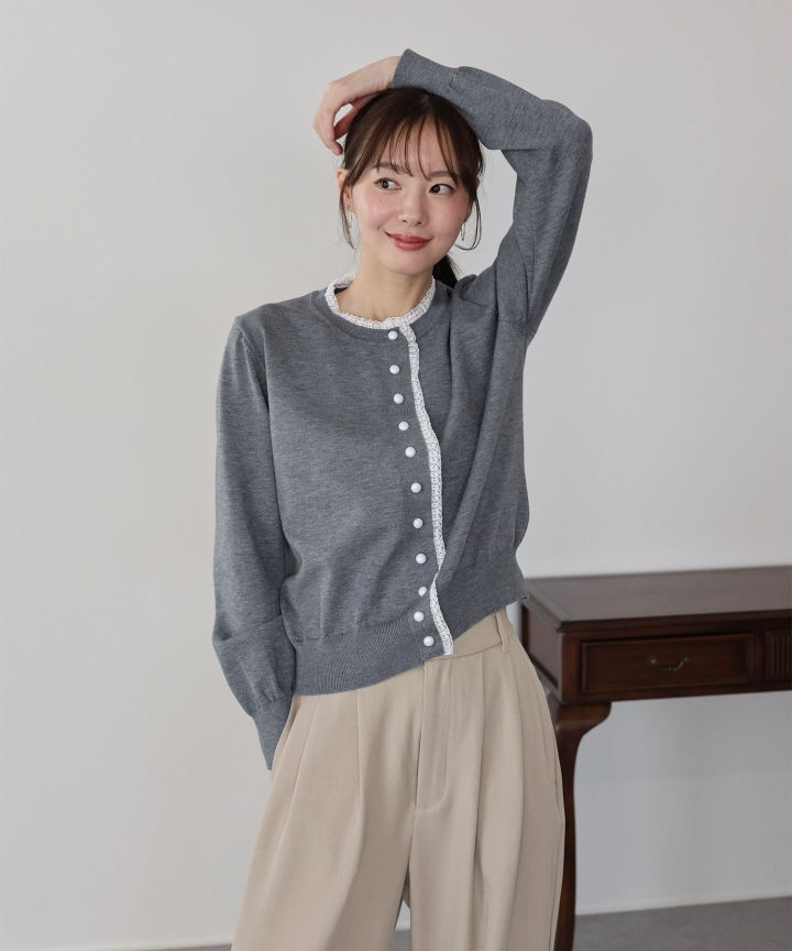 【早割5％OFF】レーストリムパールボタンカーディガン