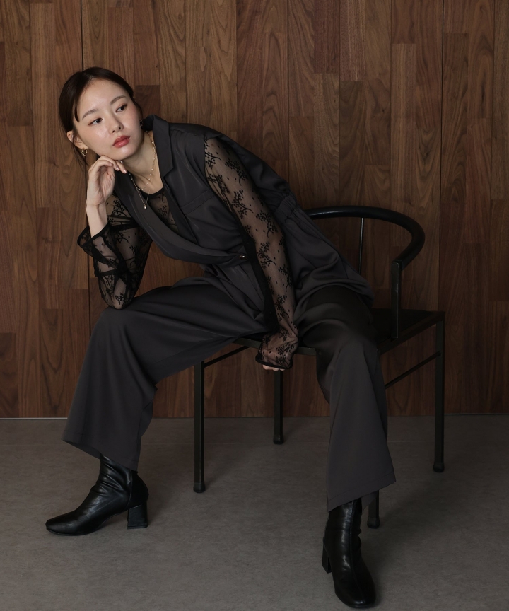 【TIME SALE】テーラードオールインワンパンツドレス+ジャガードチュールトップスSET