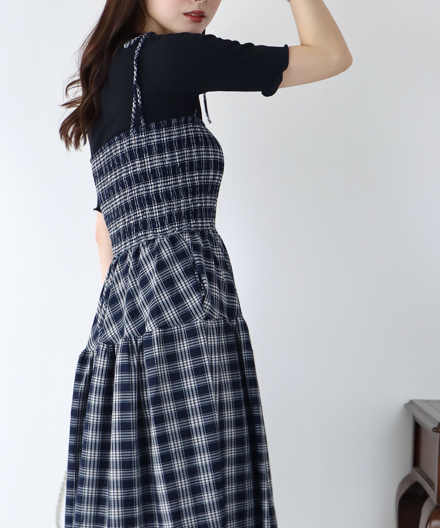 【SALE】ティアードチェックキャミワンピース