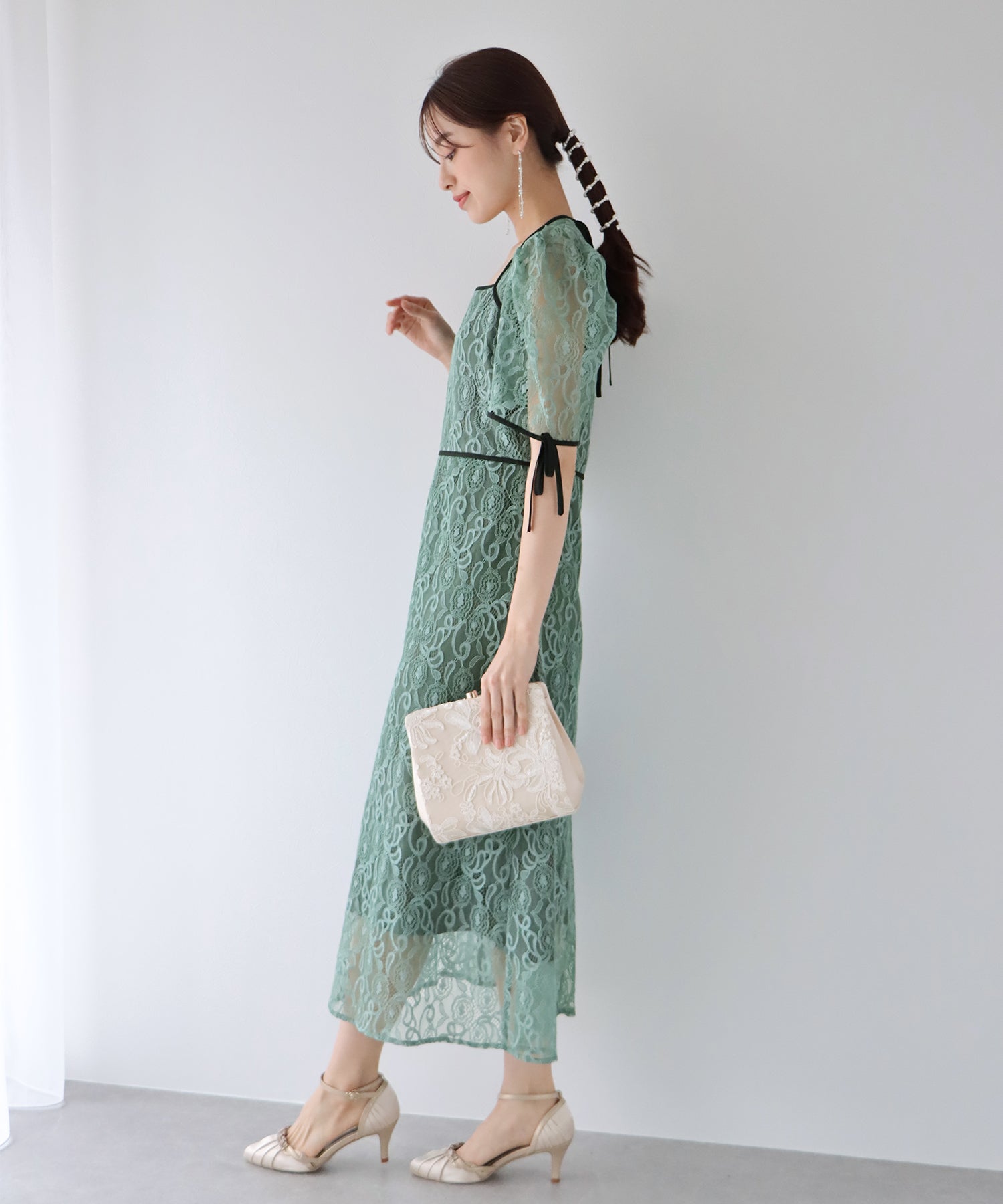 【SALE】配色パイピングレースパーティードレス