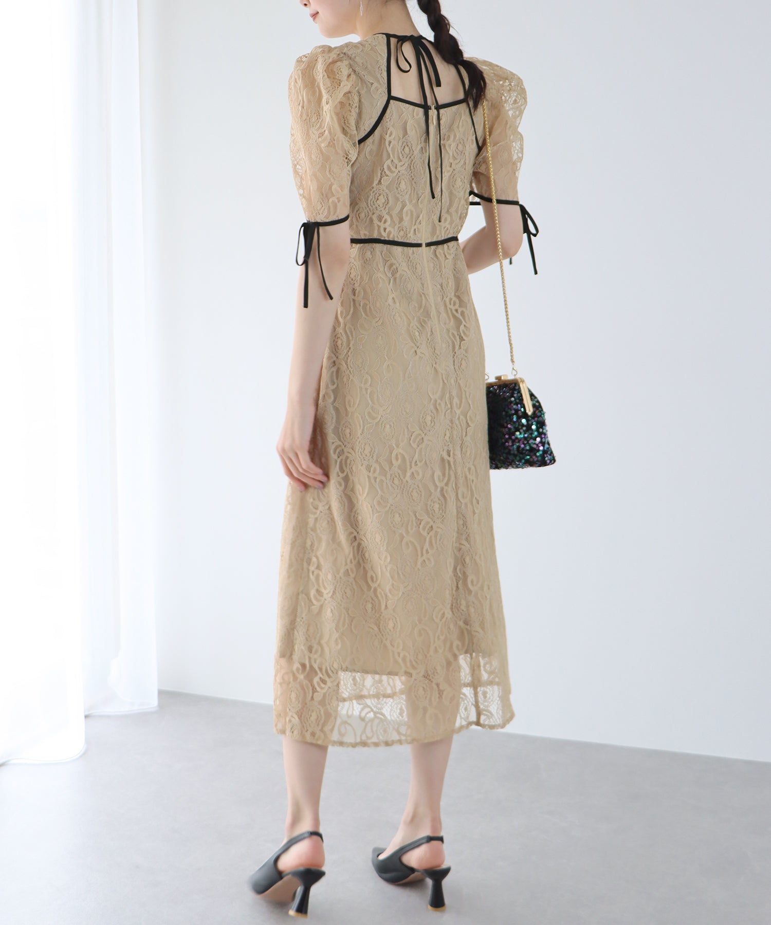 【SALE】配色パイピングレースパーティードレス