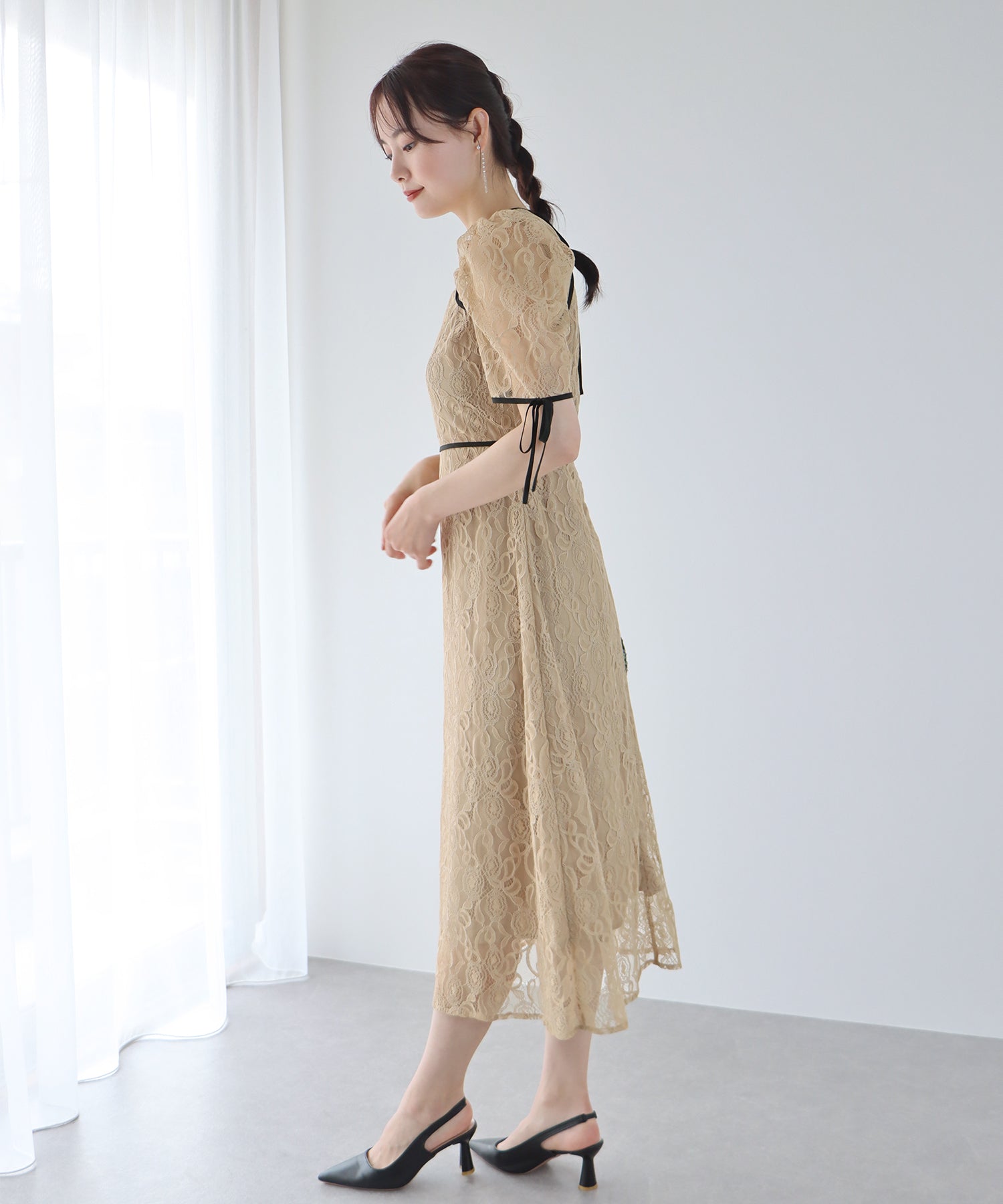 【SALE】配色パイピングレースパーティードレス