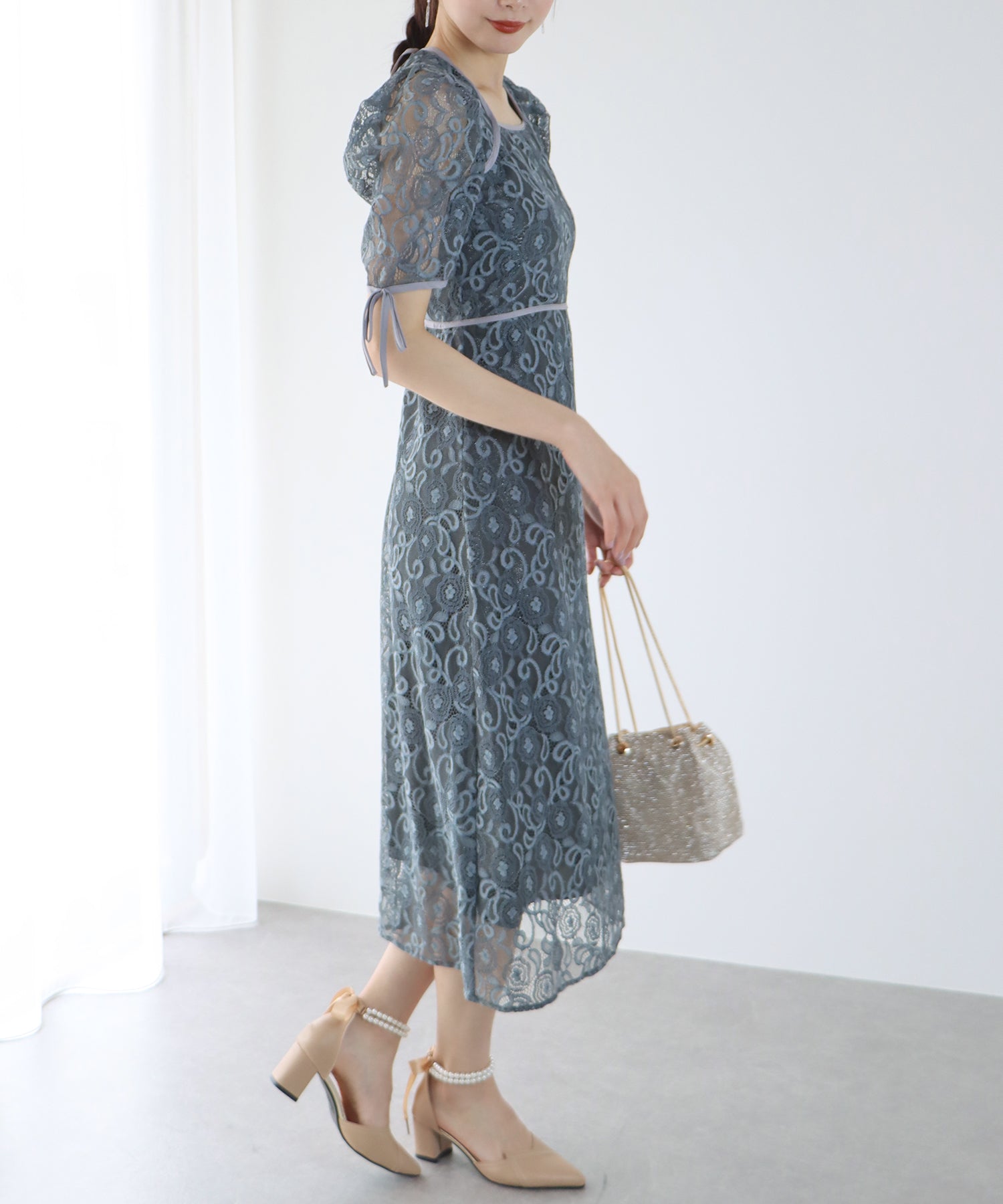 【SALE】配色パイピングレースパーティードレス