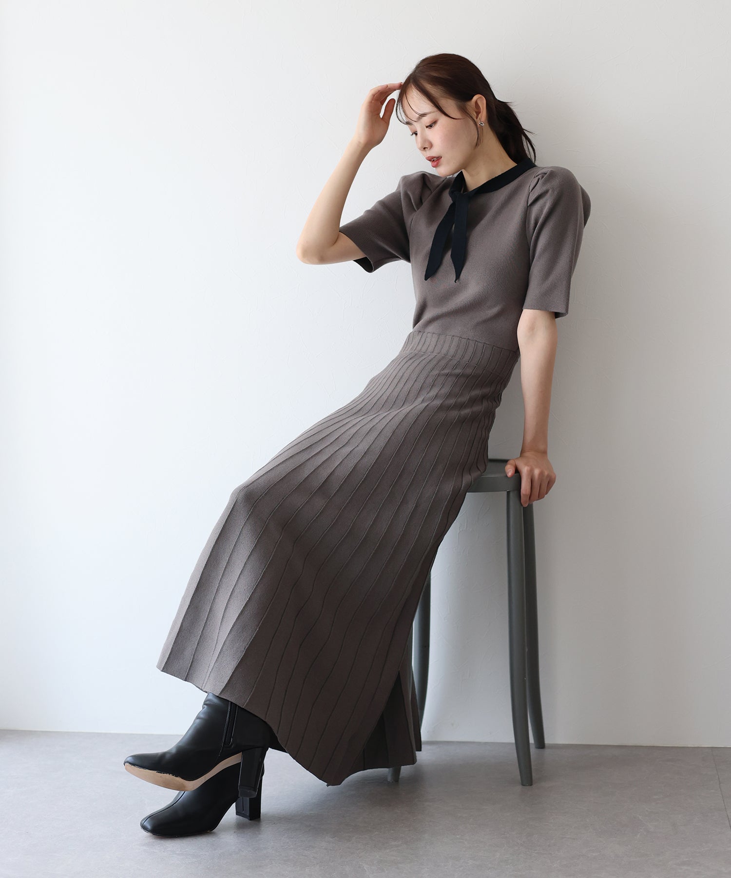 【SALE】配色リボンニットワンピース