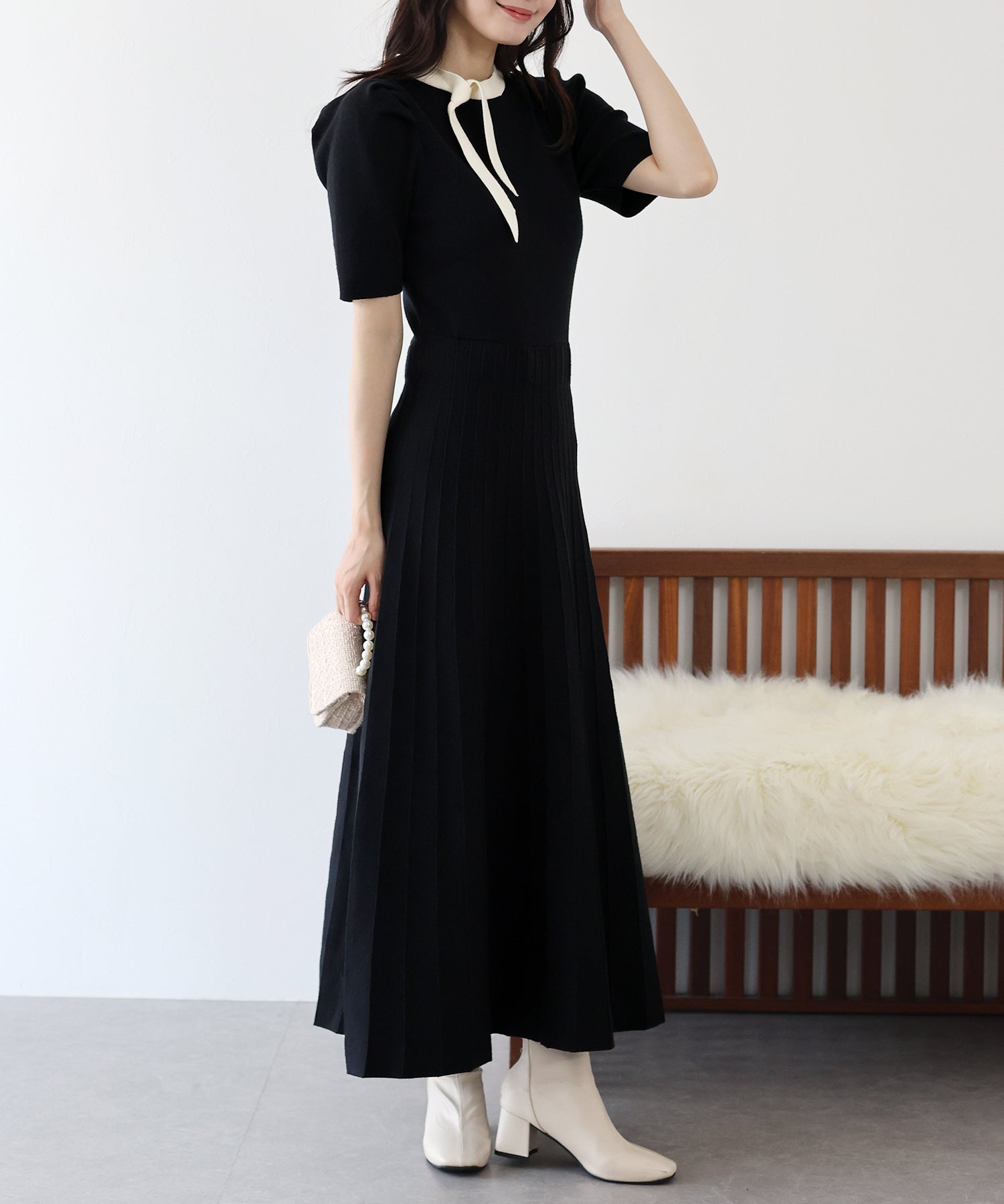 【SALE】配色リボンニットワンピース