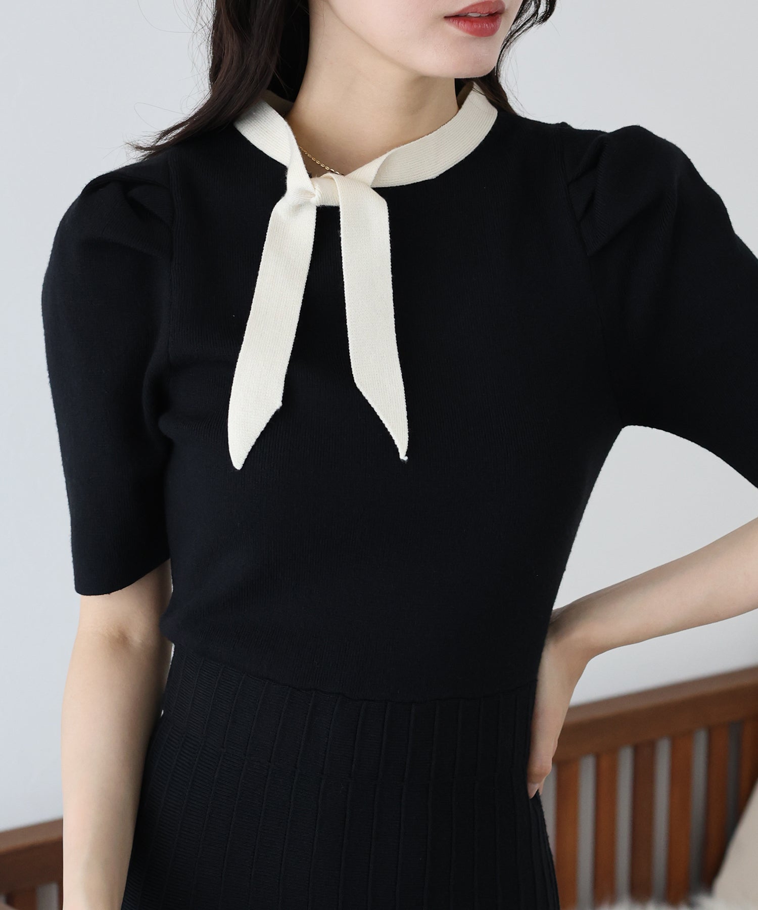 【SALE】配色リボンニットワンピース