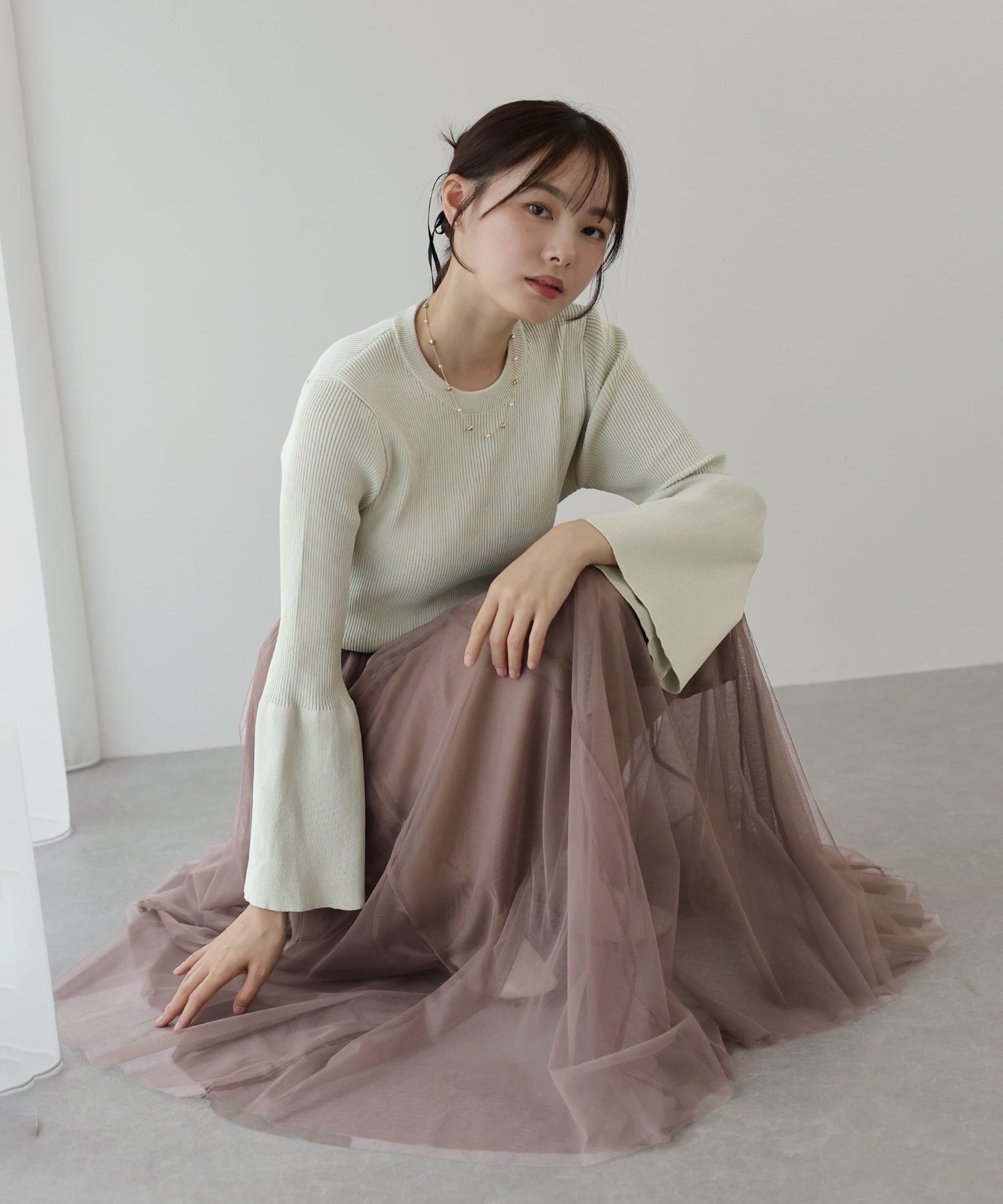 【SALE】チュールニットドッキングワンピース