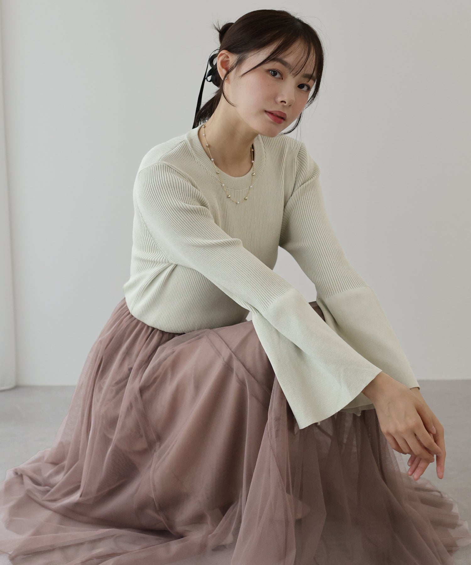 【SALE】チュールニットドッキングワンピース