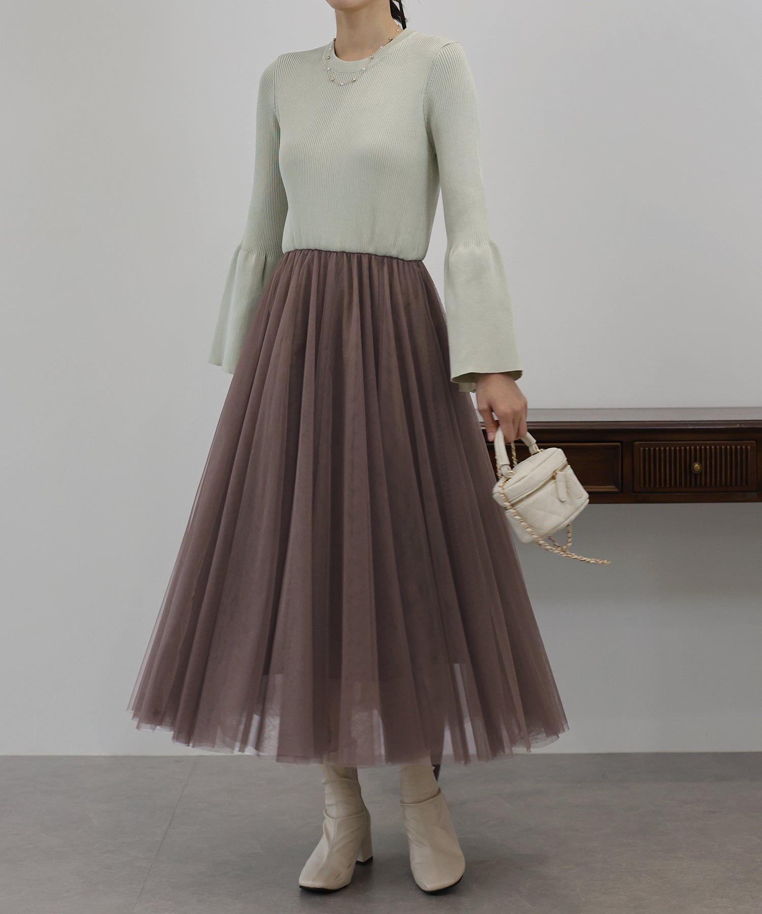 【SALE】チュールニットドッキングワンピース