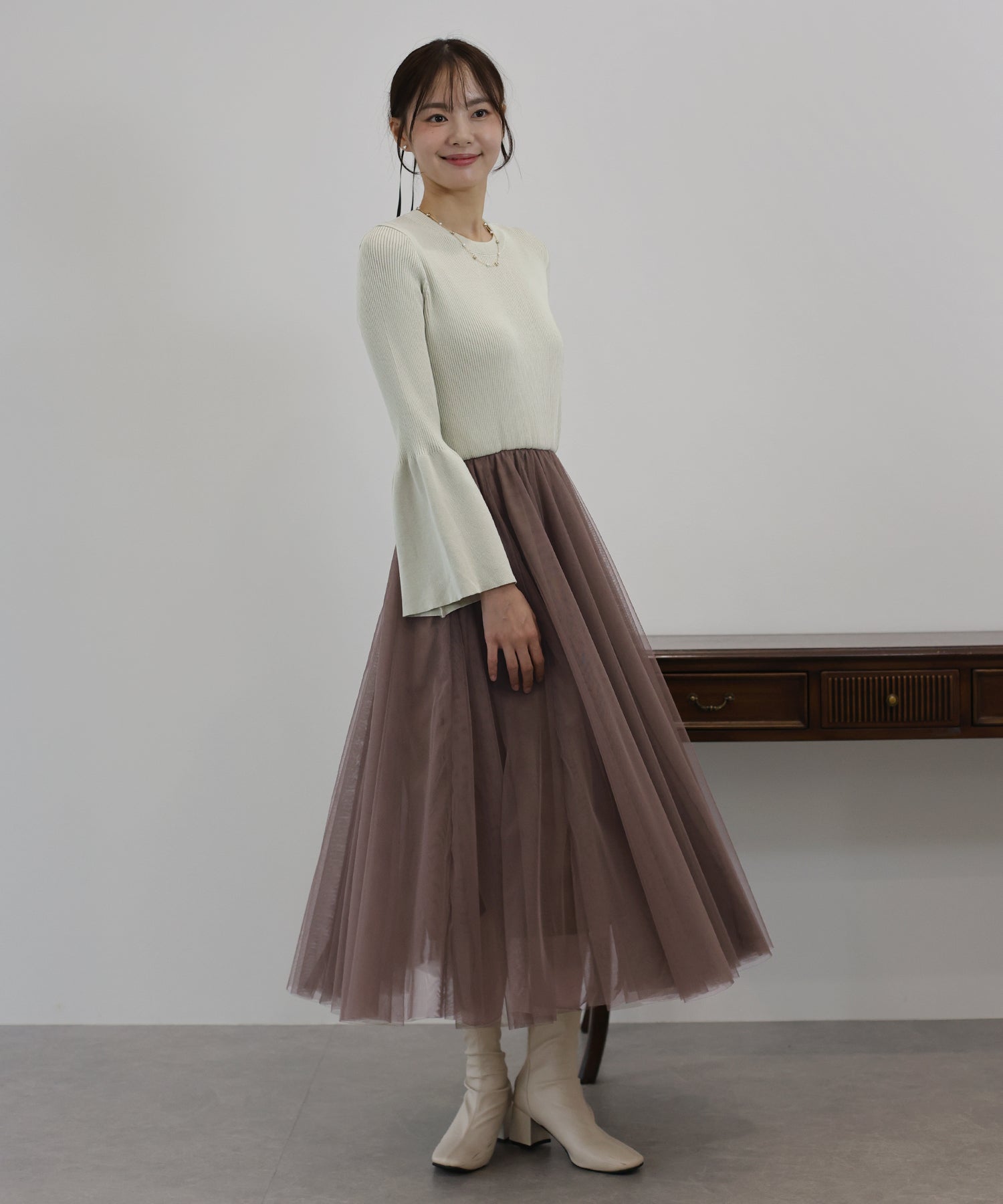 【SALE】チュールニットドッキングワンピース