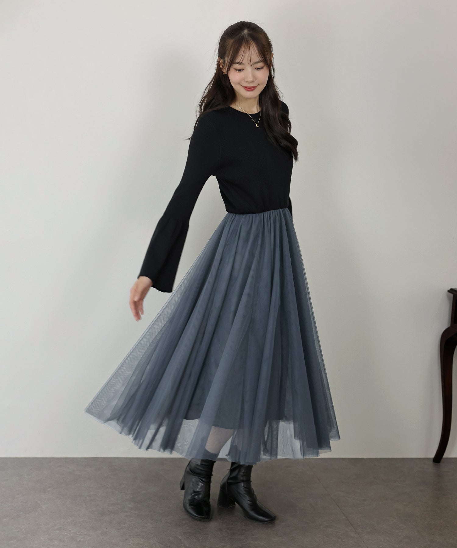 【SALE】チュールニットドッキングワンピース