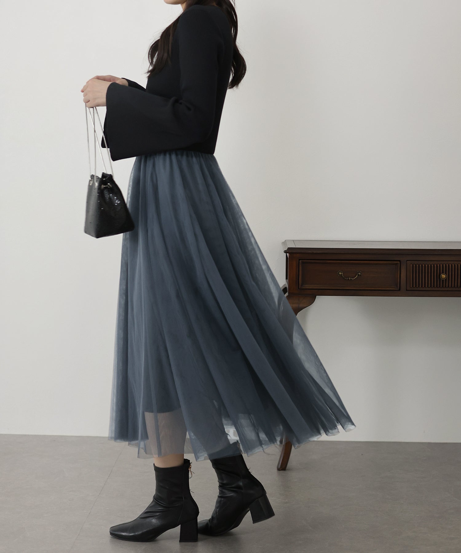 【SALE】チュールニットドッキングワンピース