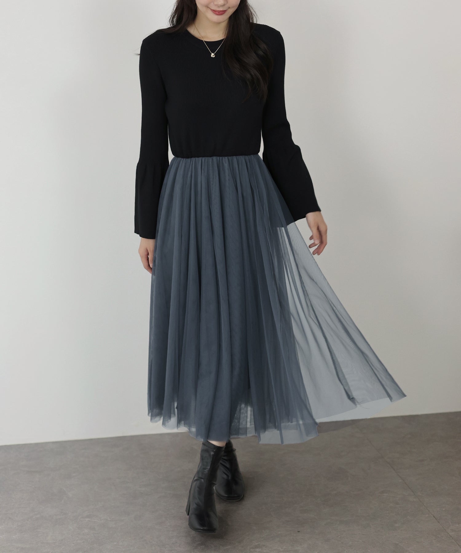 【SALE】チュールニットドッキングワンピース