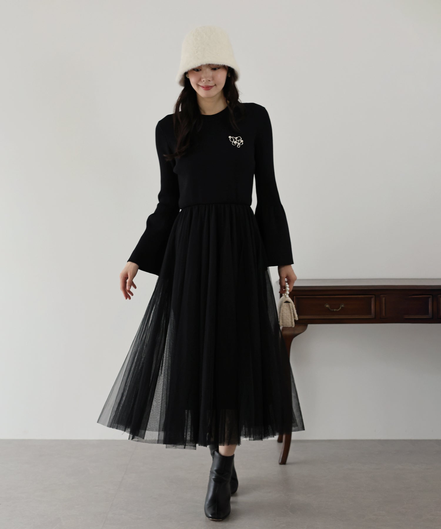 【SALE】チュールニットドッキングワンピース