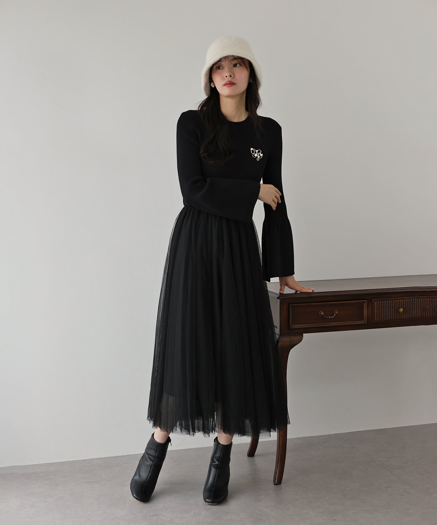 【SALE】チュールニットドッキングワンピース