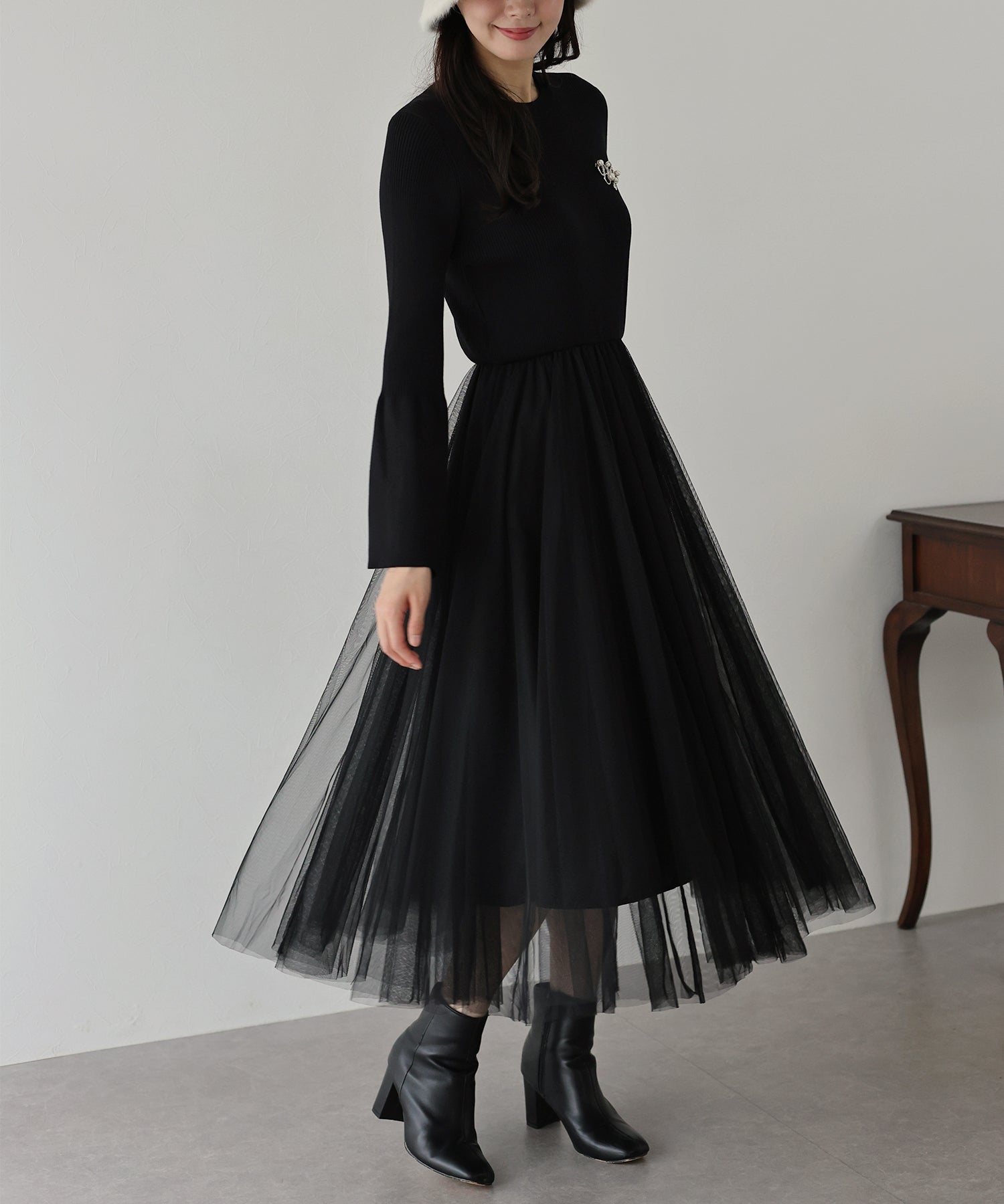 【SALE】チュールニットドッキングワンピース