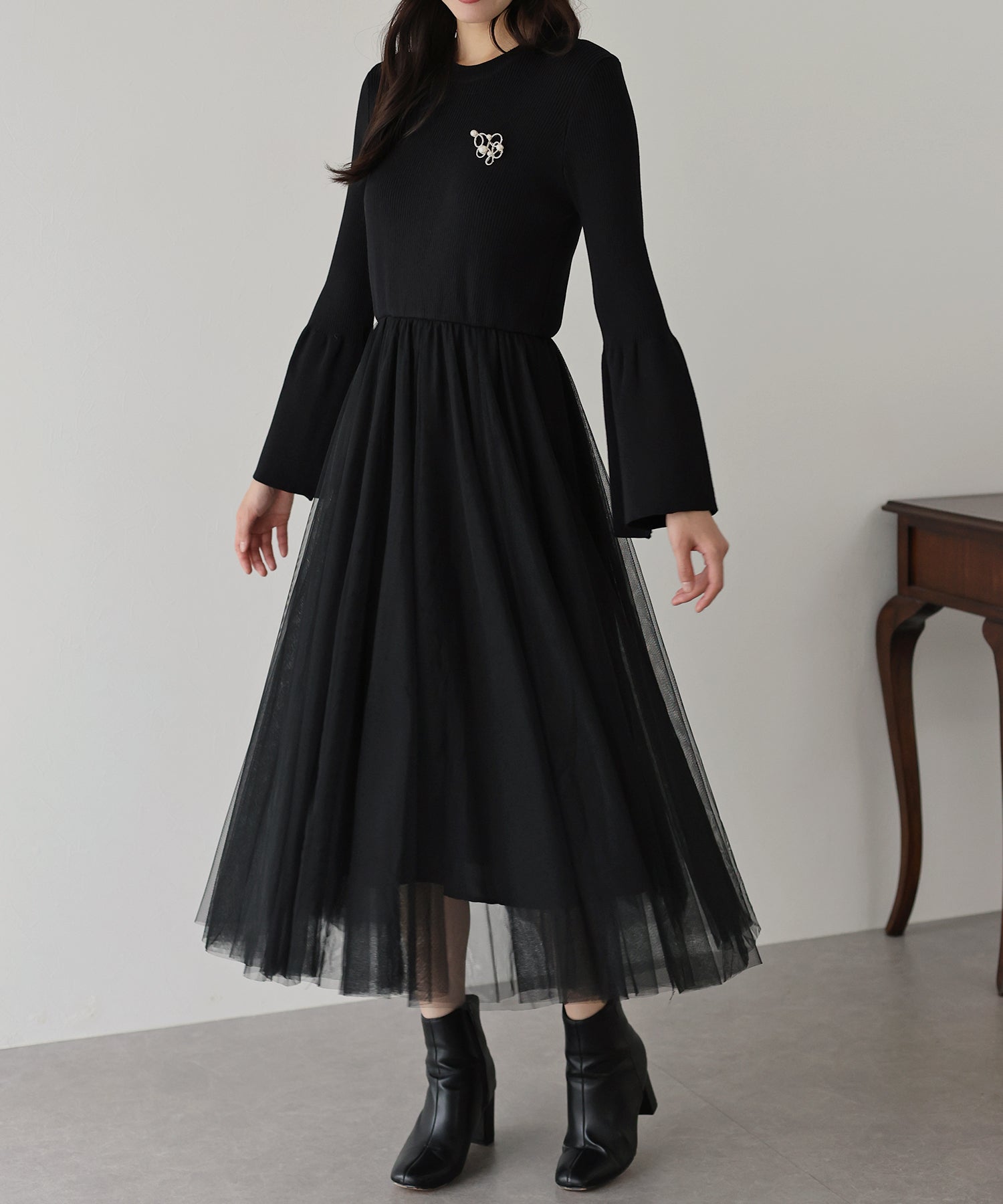 【SALE】チュールニットドッキングワンピース