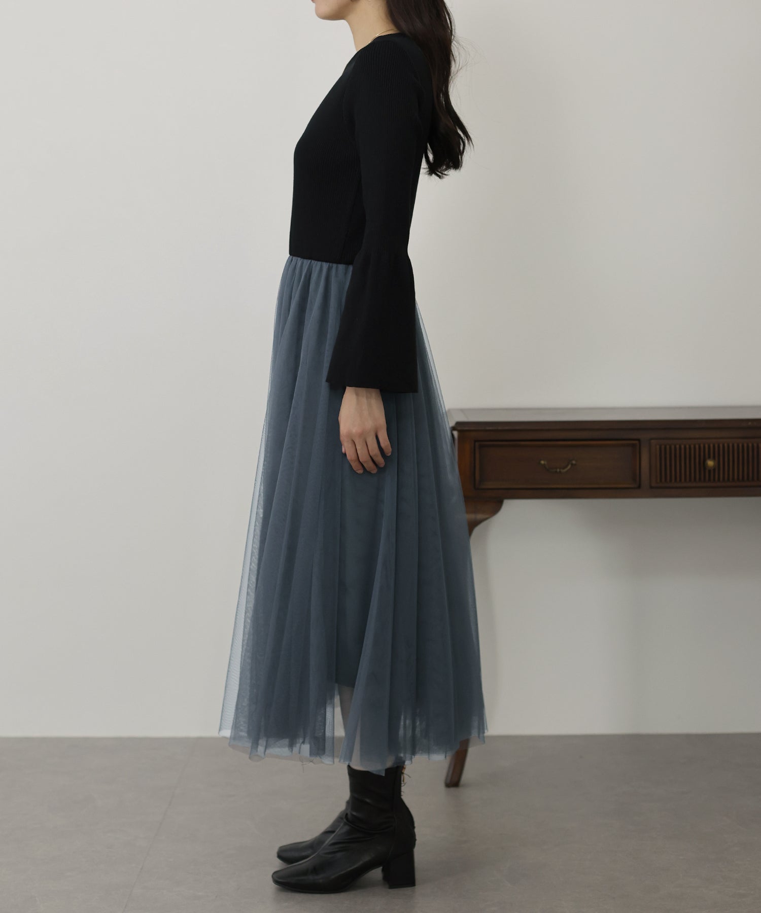 【SALE】チュールニットドッキングワンピース