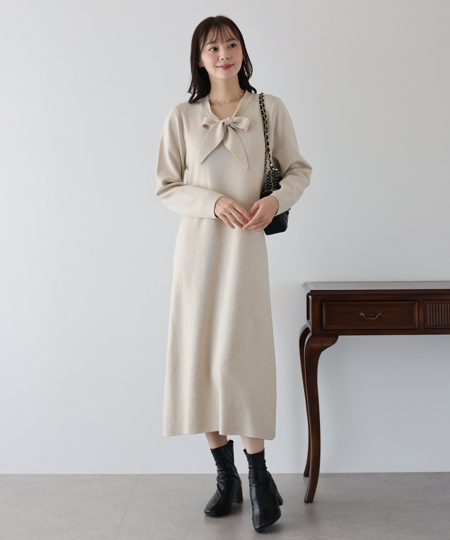 【TIME SALE】ボウタイニットワンピース