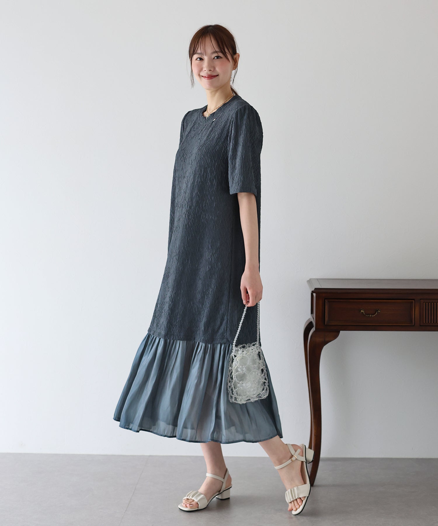 【SALE】異素材切替ティアードワンピース