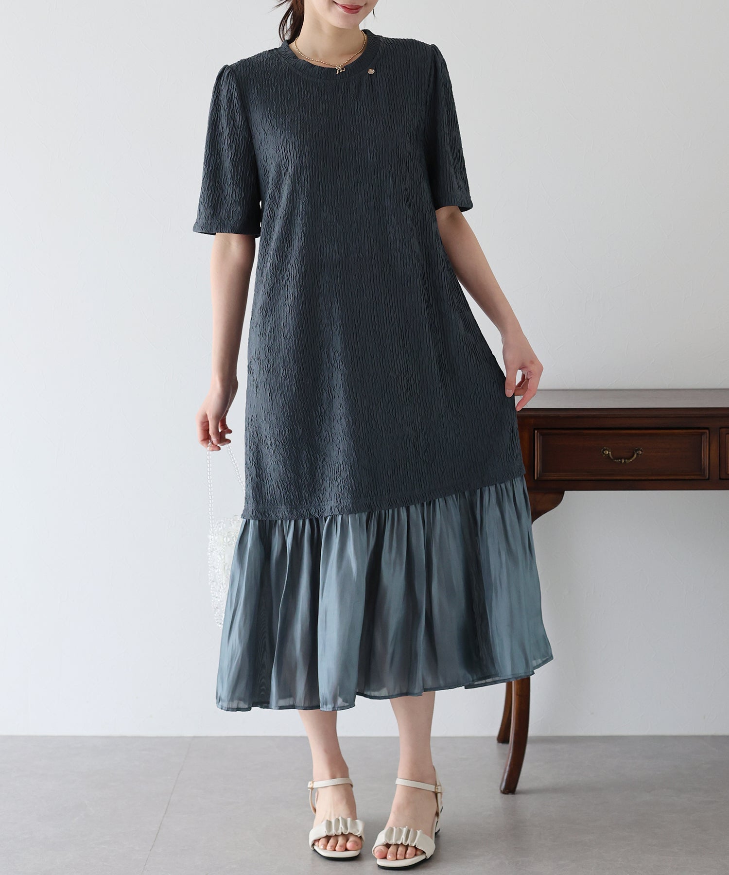 【SALE】異素材切替ティアードワンピース