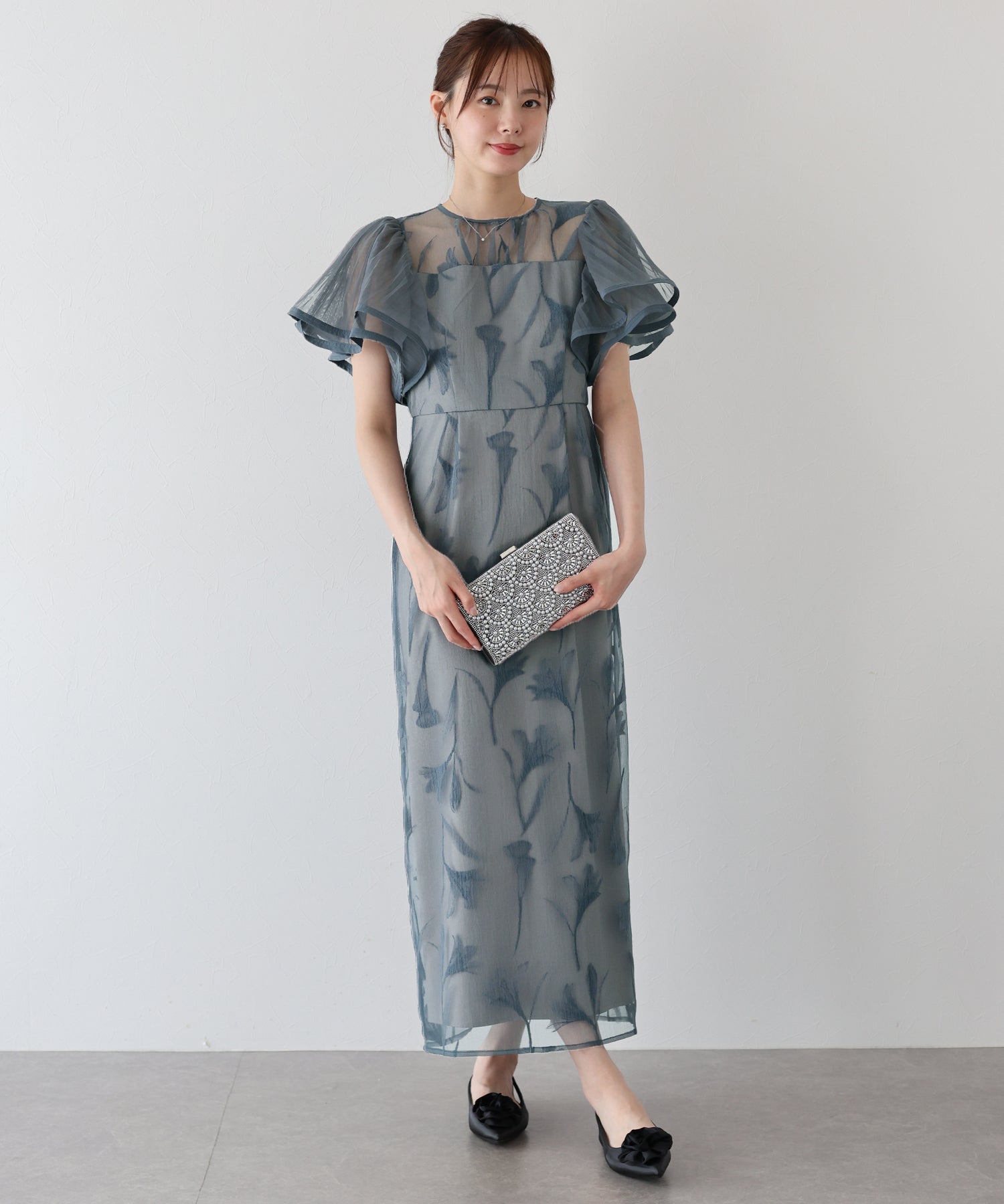 【TIME SALE】フリルスリーブフロッキードレス