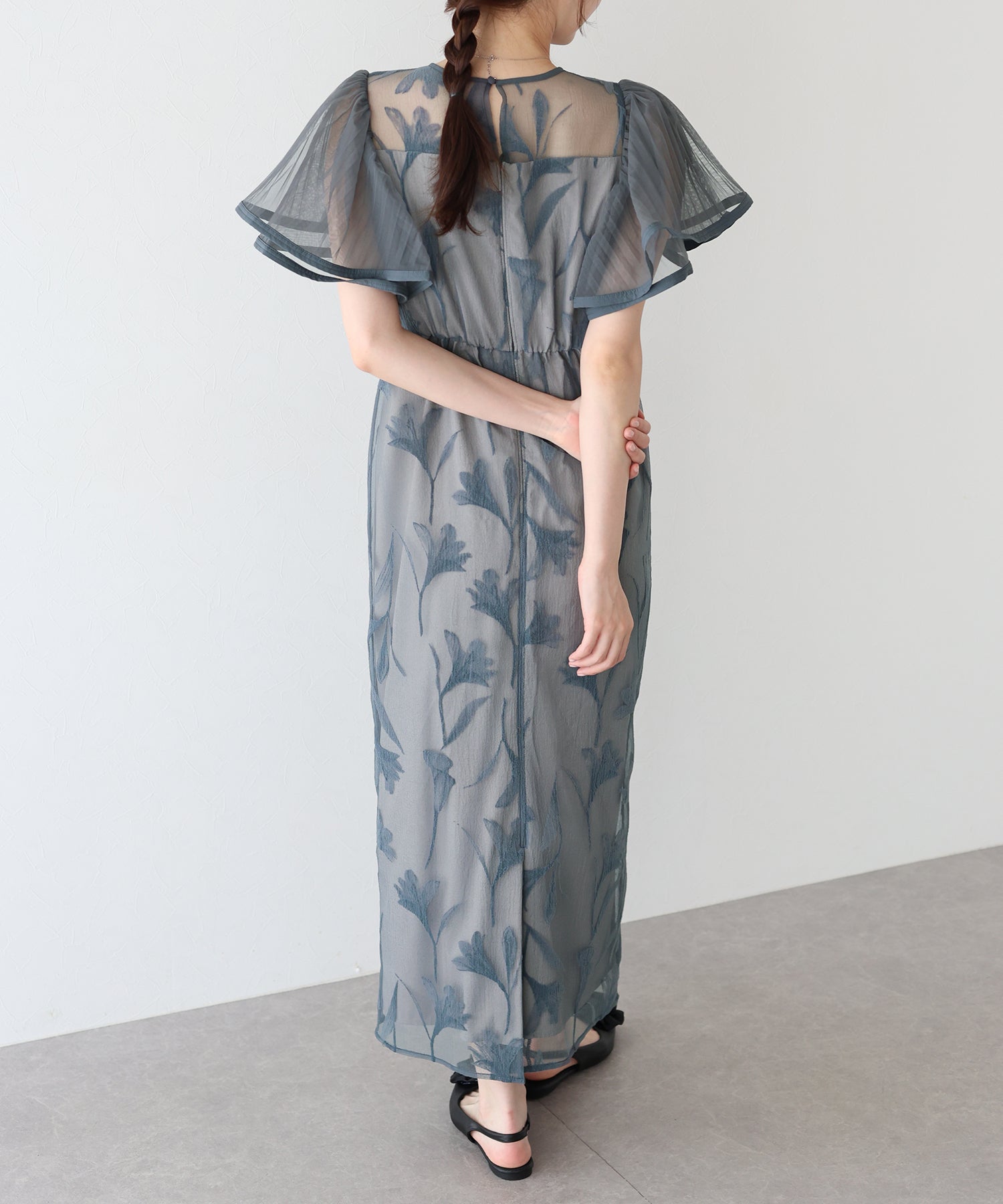 【TIME SALE】フリルスリーブフロッキードレス