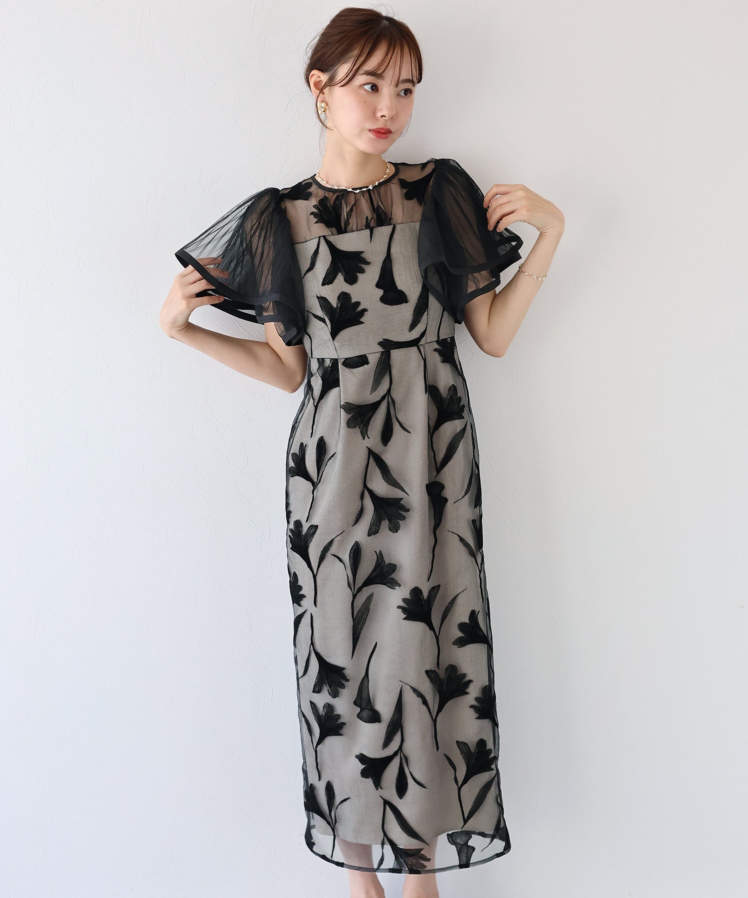 【TIME SALE】フリルスリーブフロッキードレス