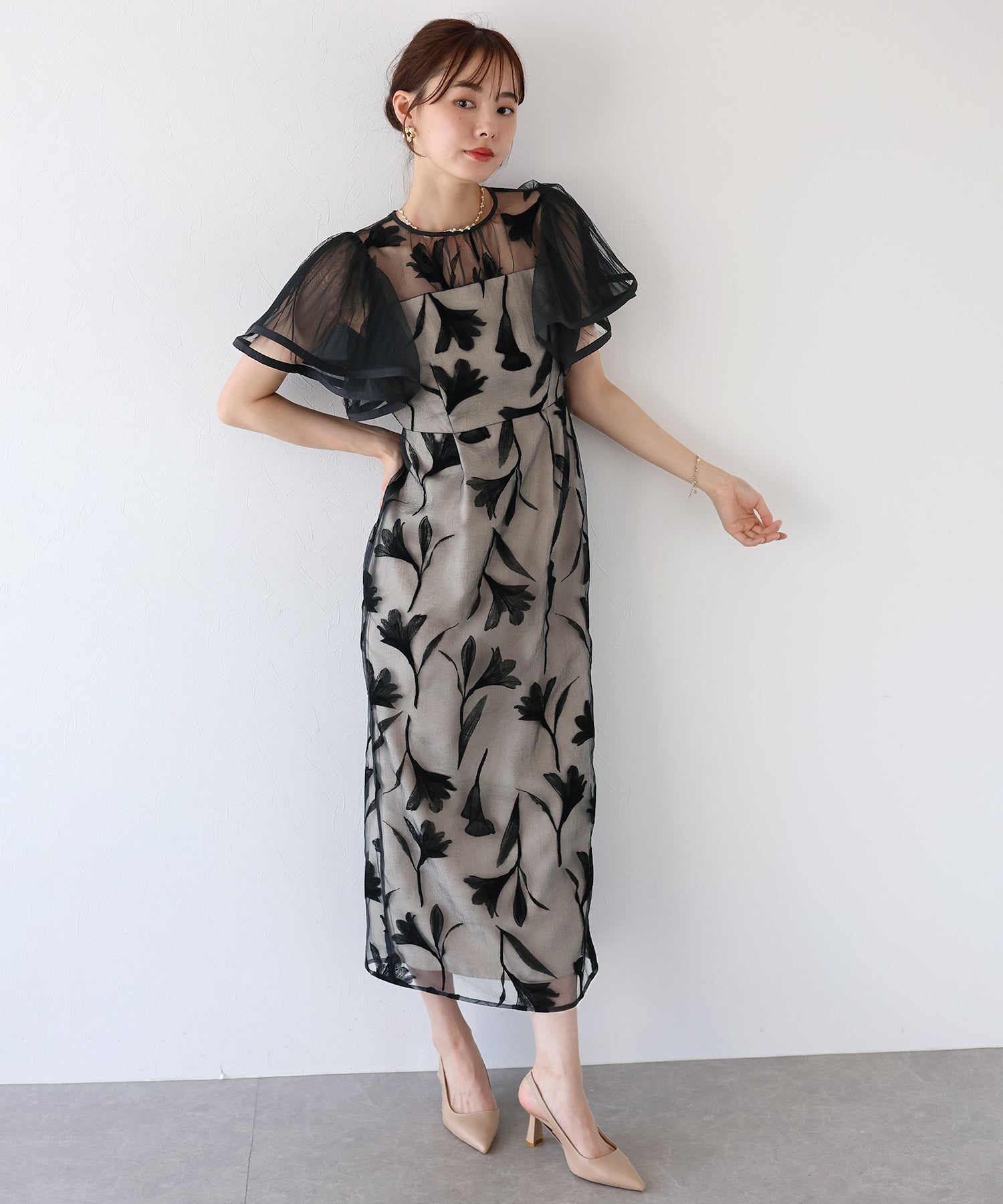 【TIME SALE】フリルスリーブフロッキードレス