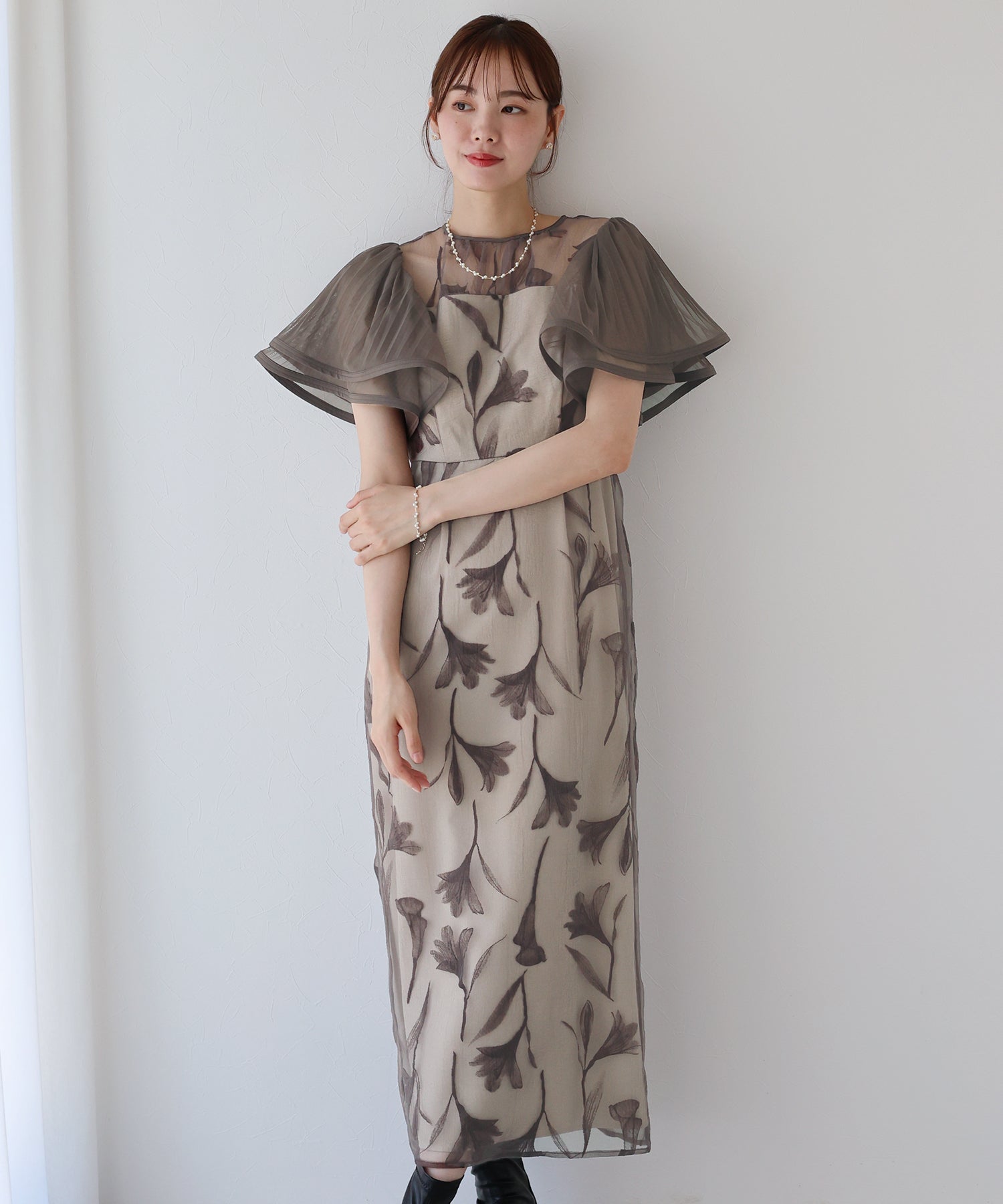 【TIME SALE】フリルスリーブフロッキードレス