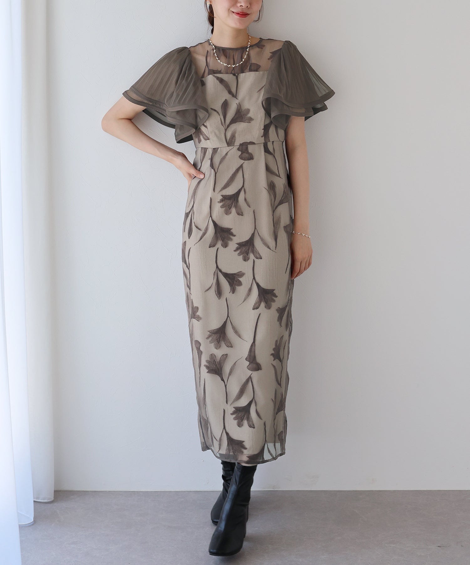 【TIME SALE】フリルスリーブフロッキードレス