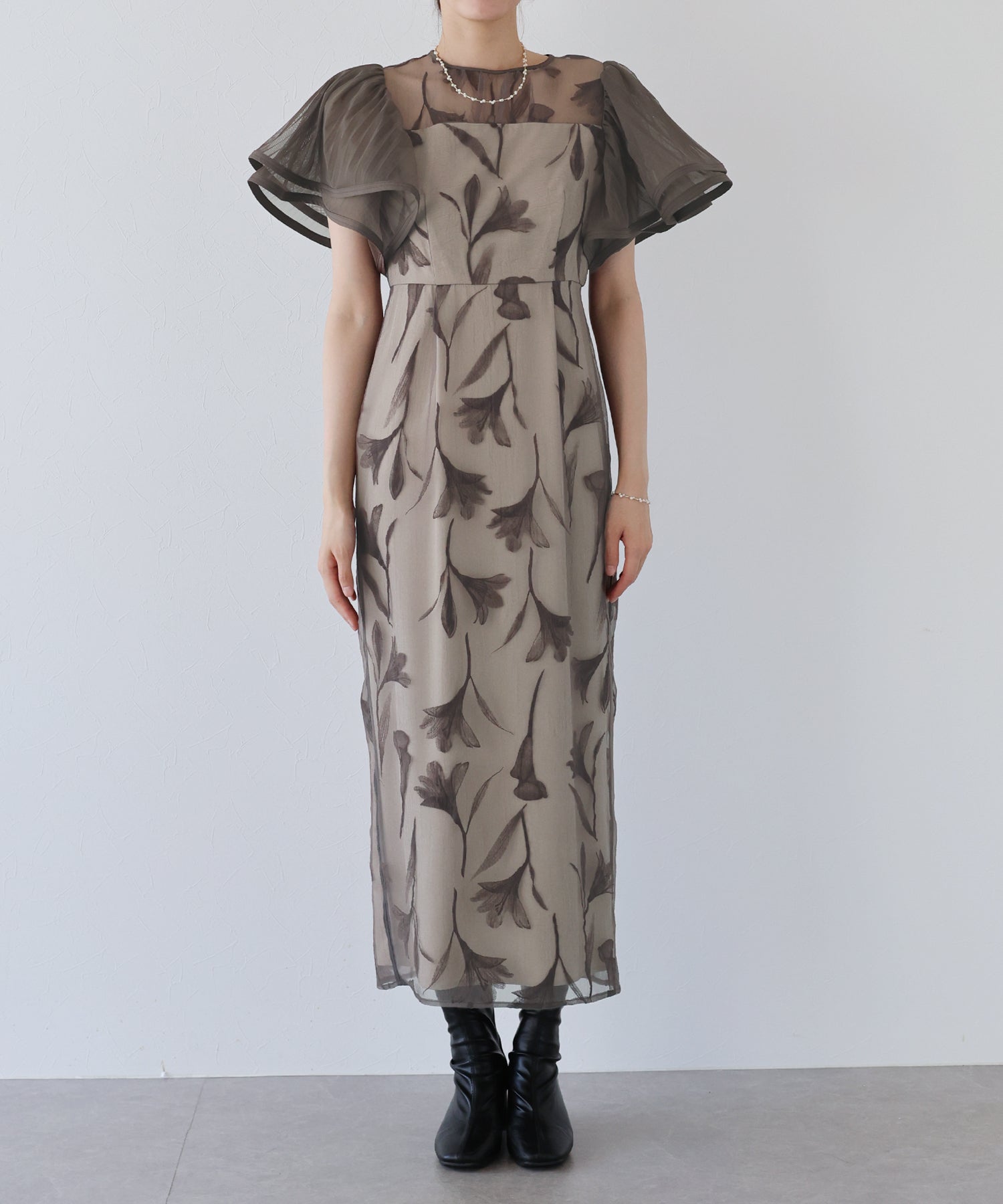 【TIME SALE】フリルスリーブフロッキードレス