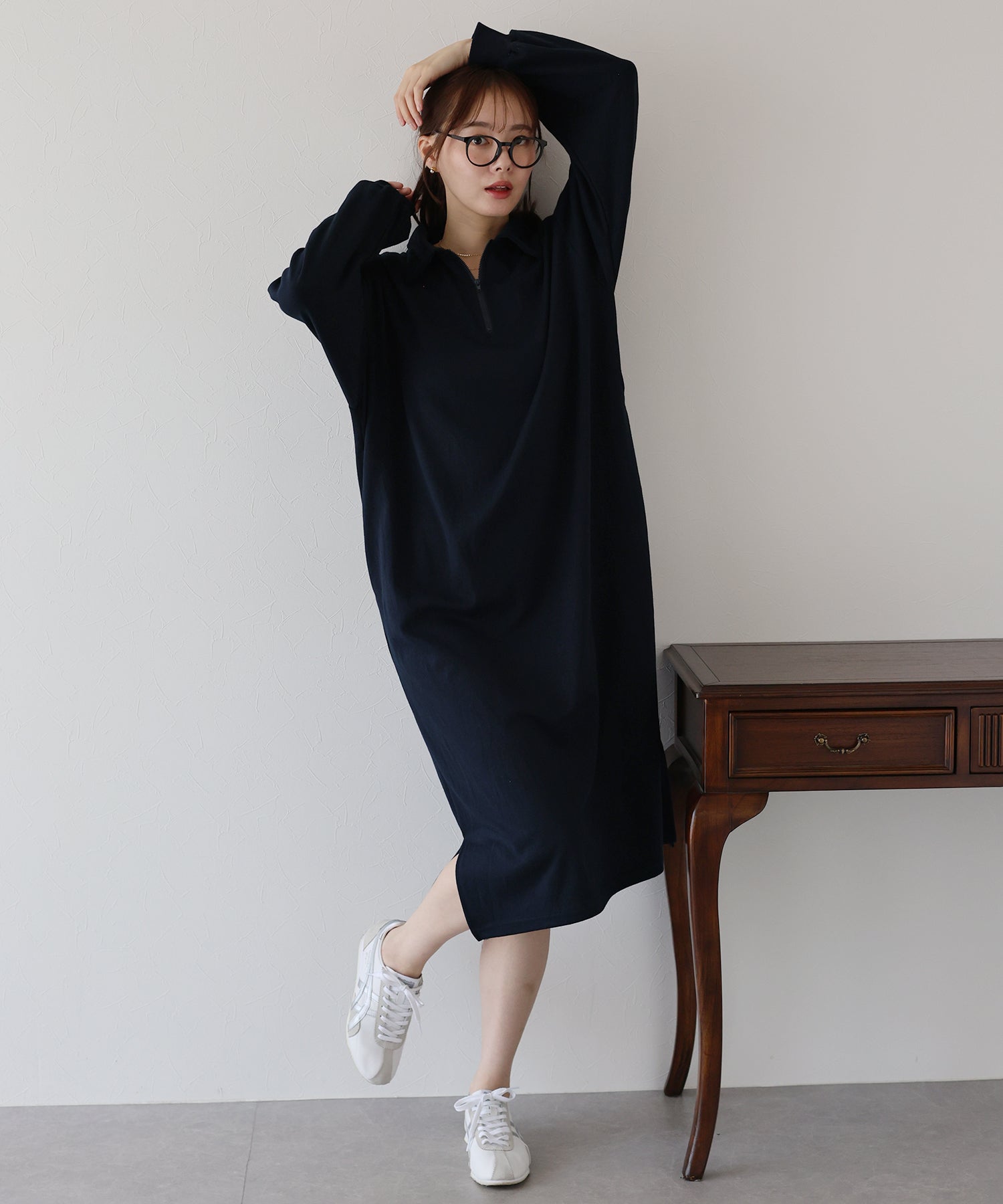 ハーフジップスウェットワンピース