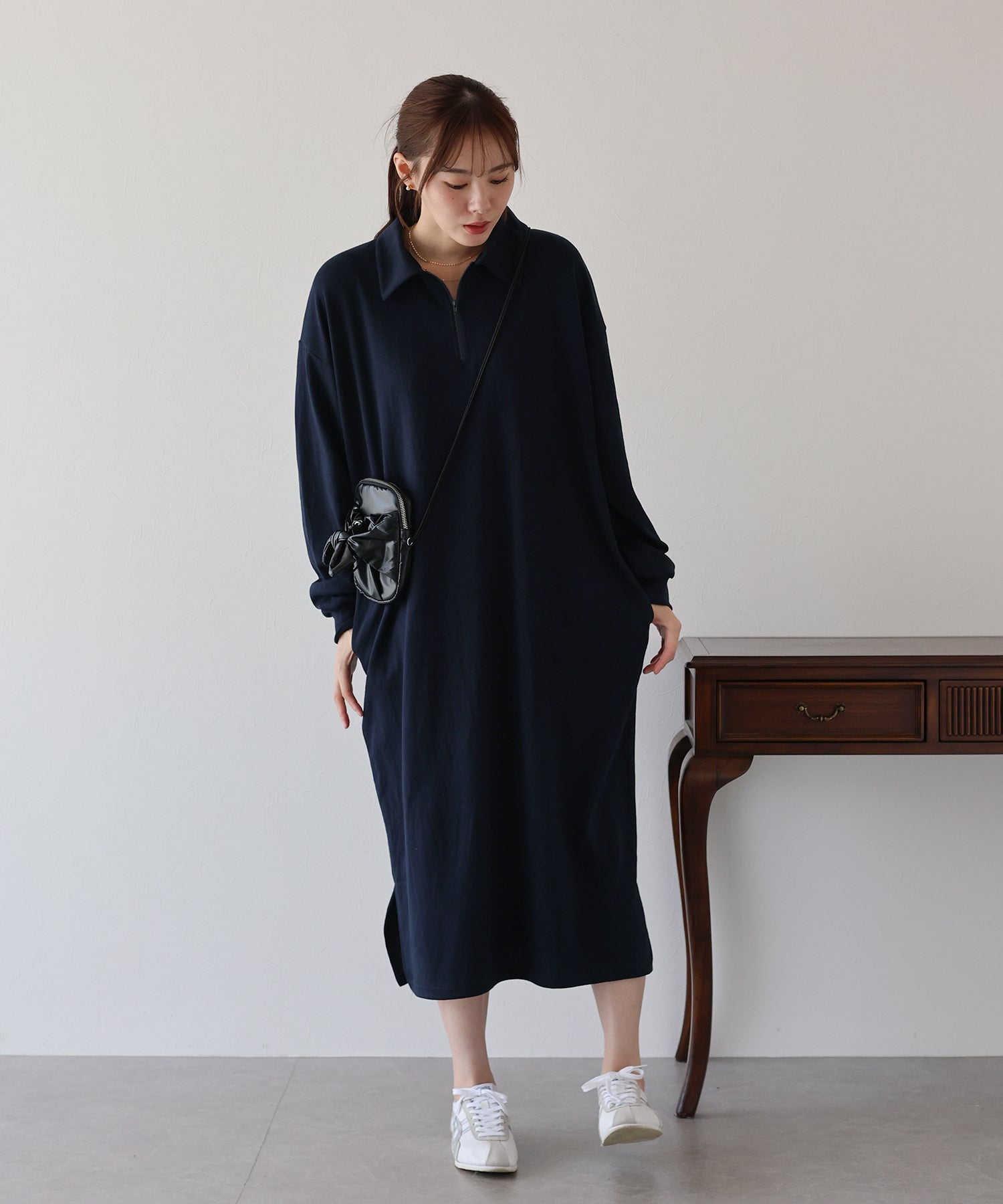ハーフジップスウェットワンピース