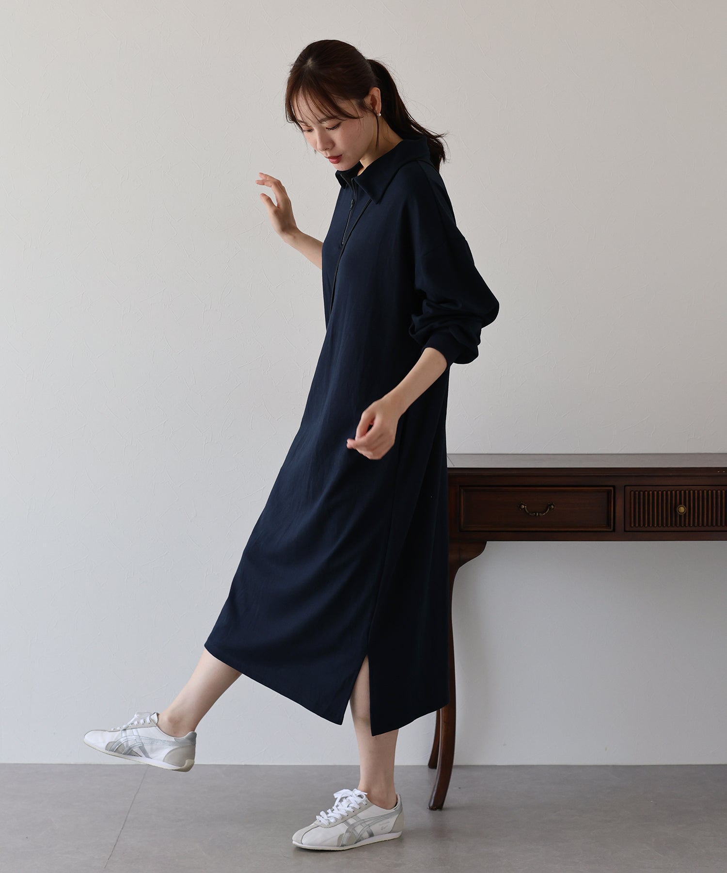 ハーフジップスウェットワンピース