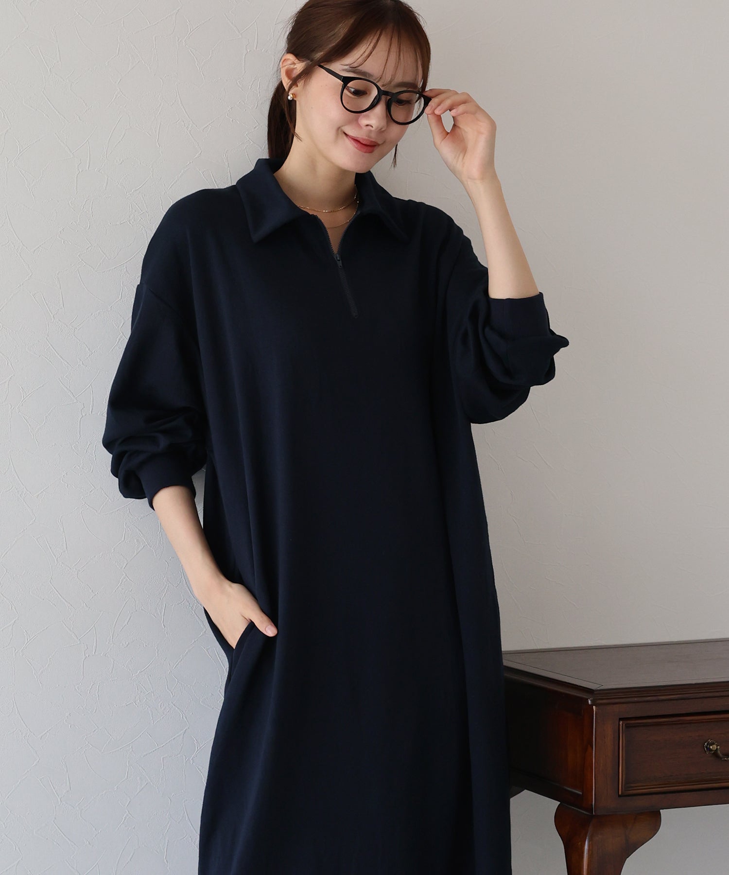 ハーフジップスウェットワンピース