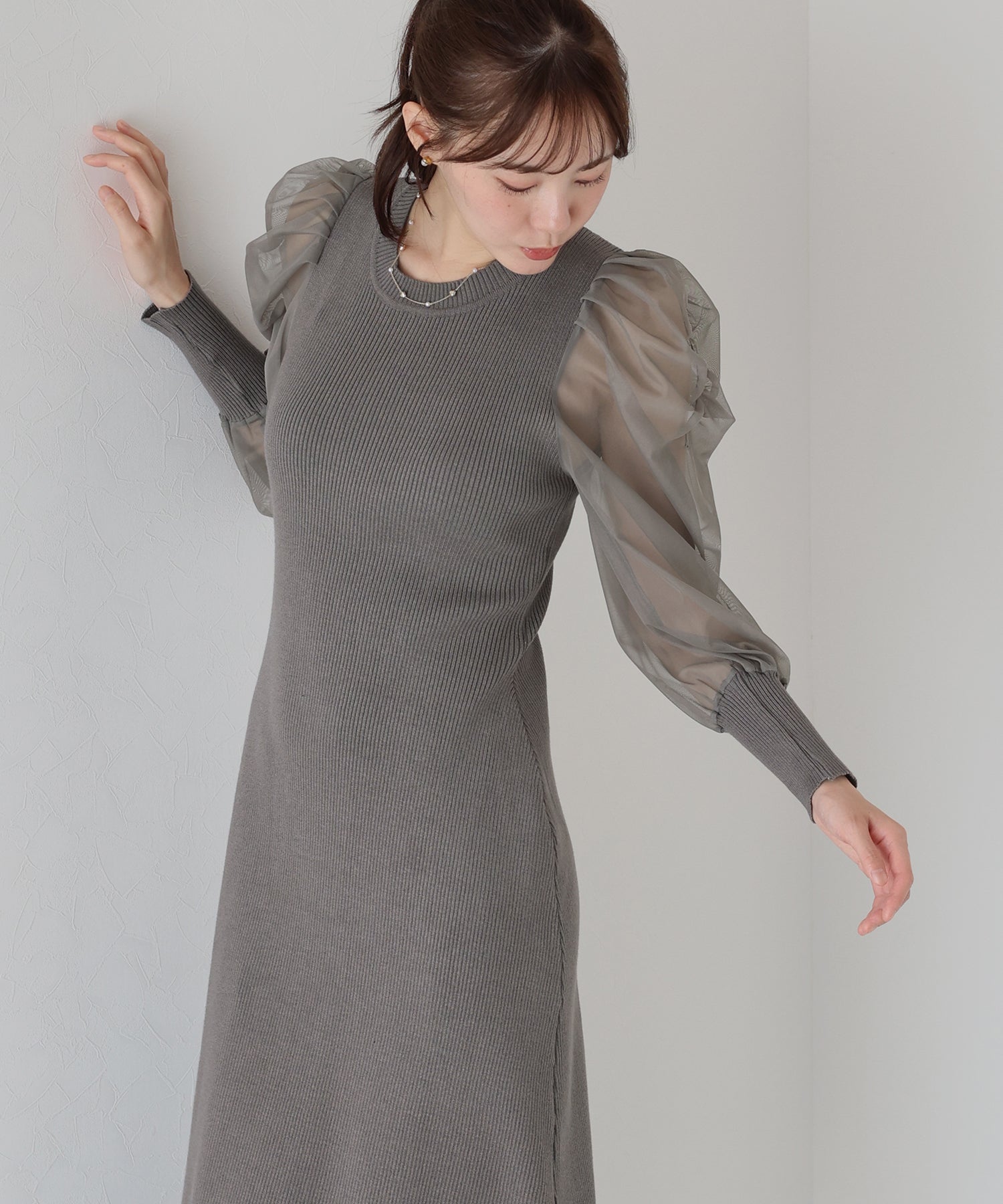 【TIME SALE】チュール袖マーメイドニットワンピース