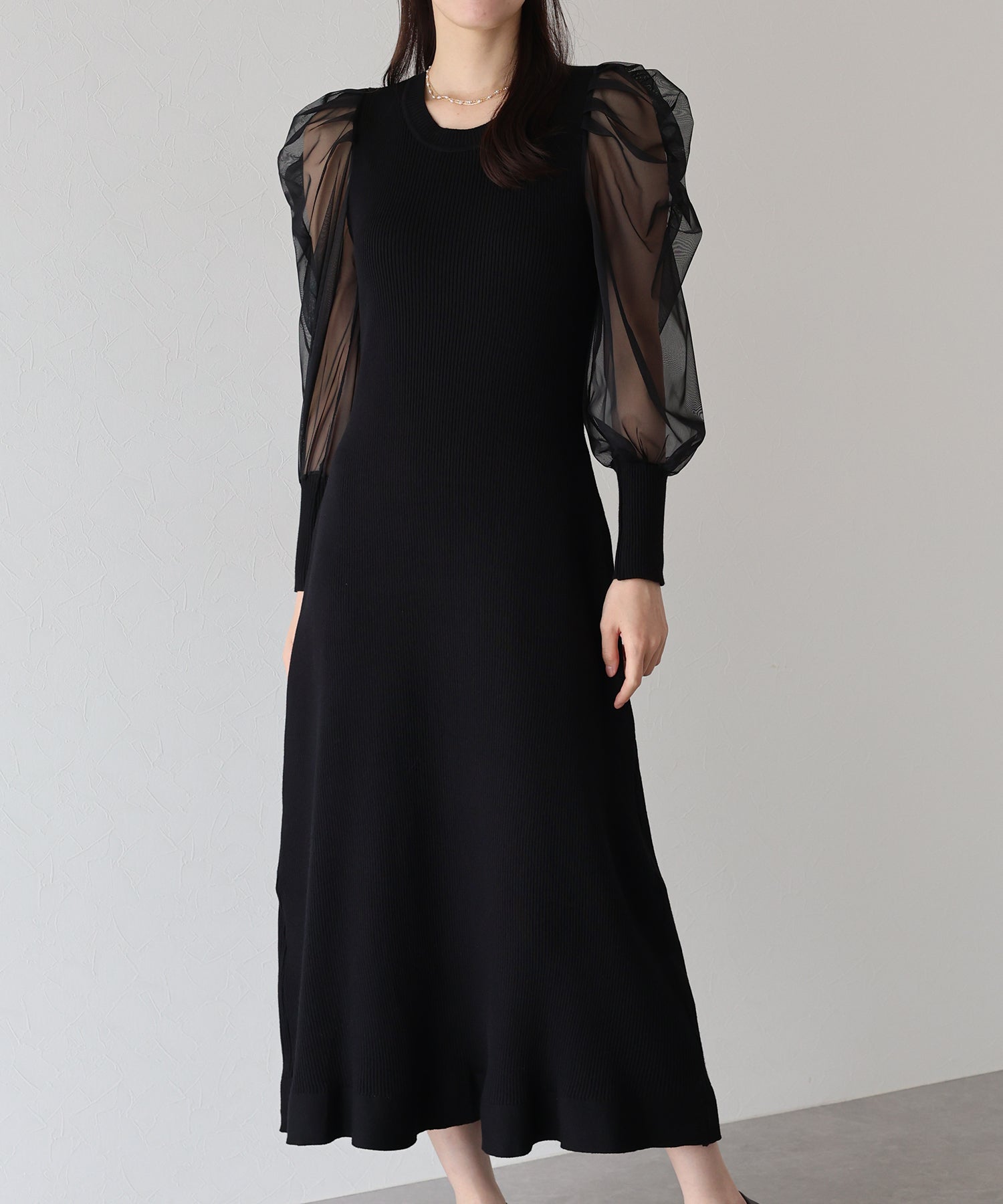 【TIME SALE】チュール袖マーメイドニットワンピース