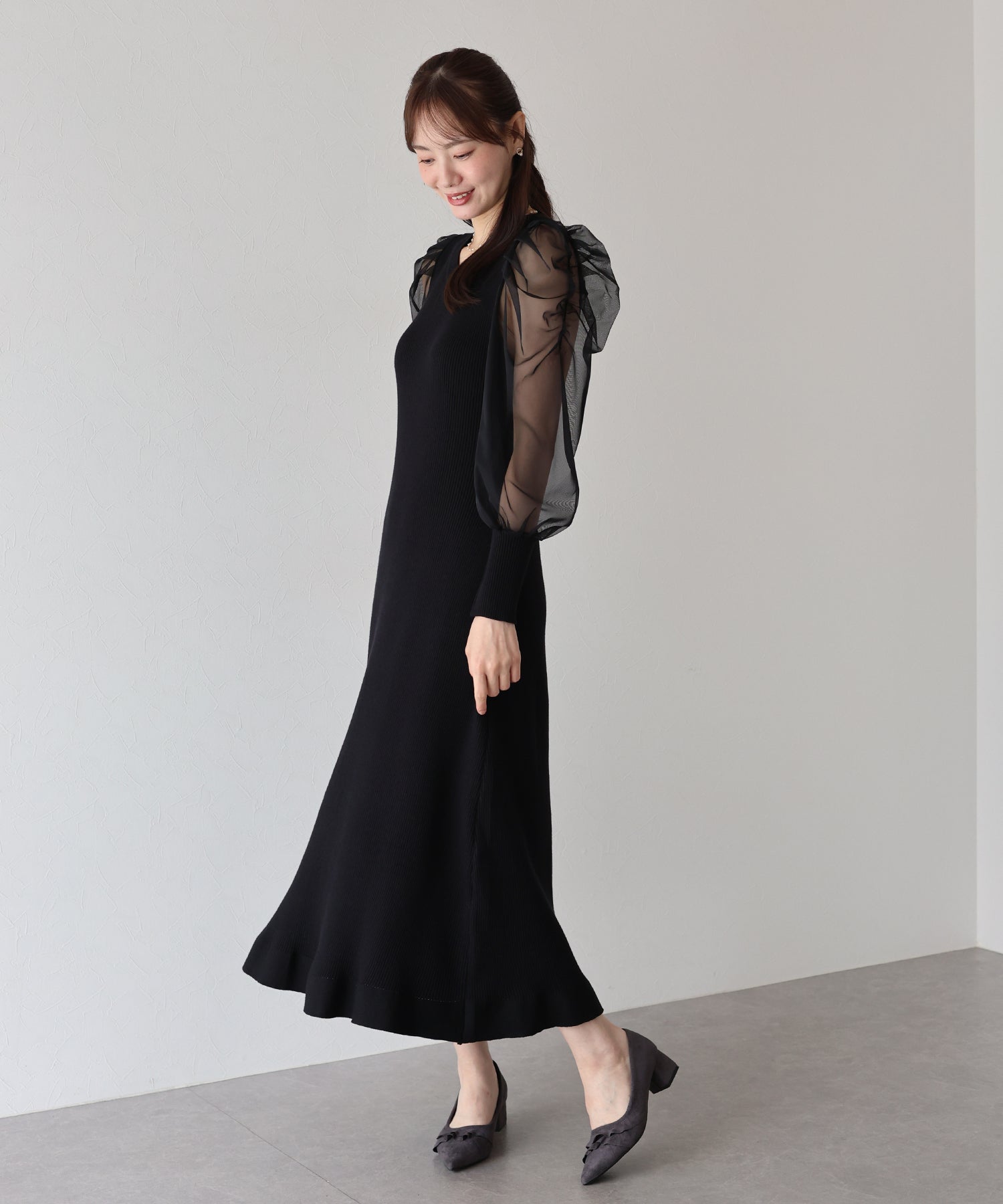 【TIME SALE】チュール袖マーメイドニットワンピース