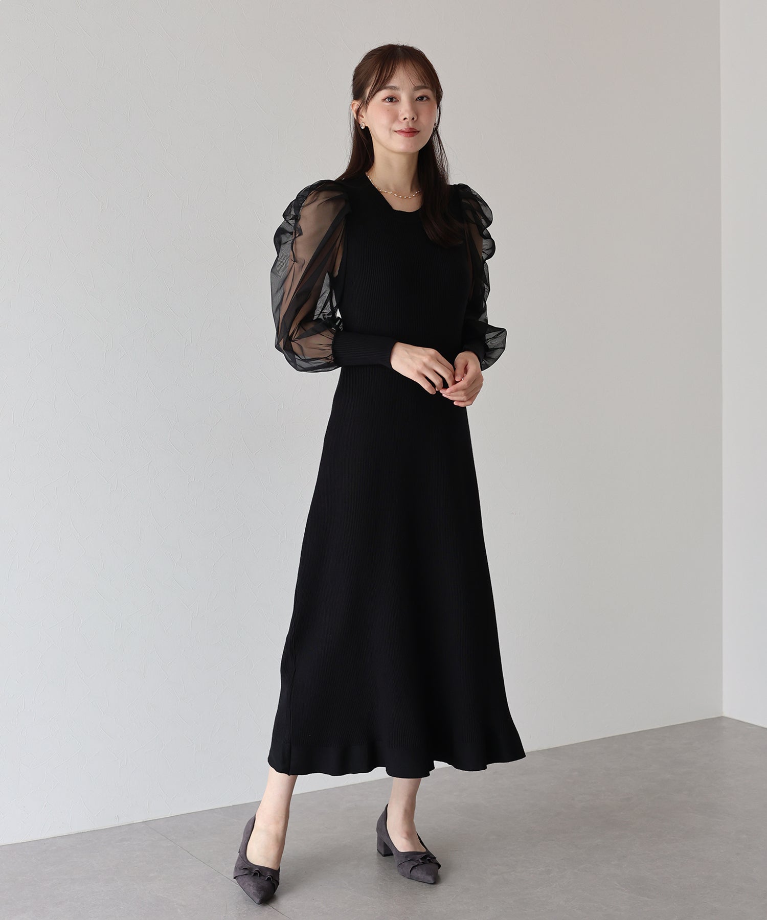 【TIME SALE】チュール袖マーメイドニットワンピース