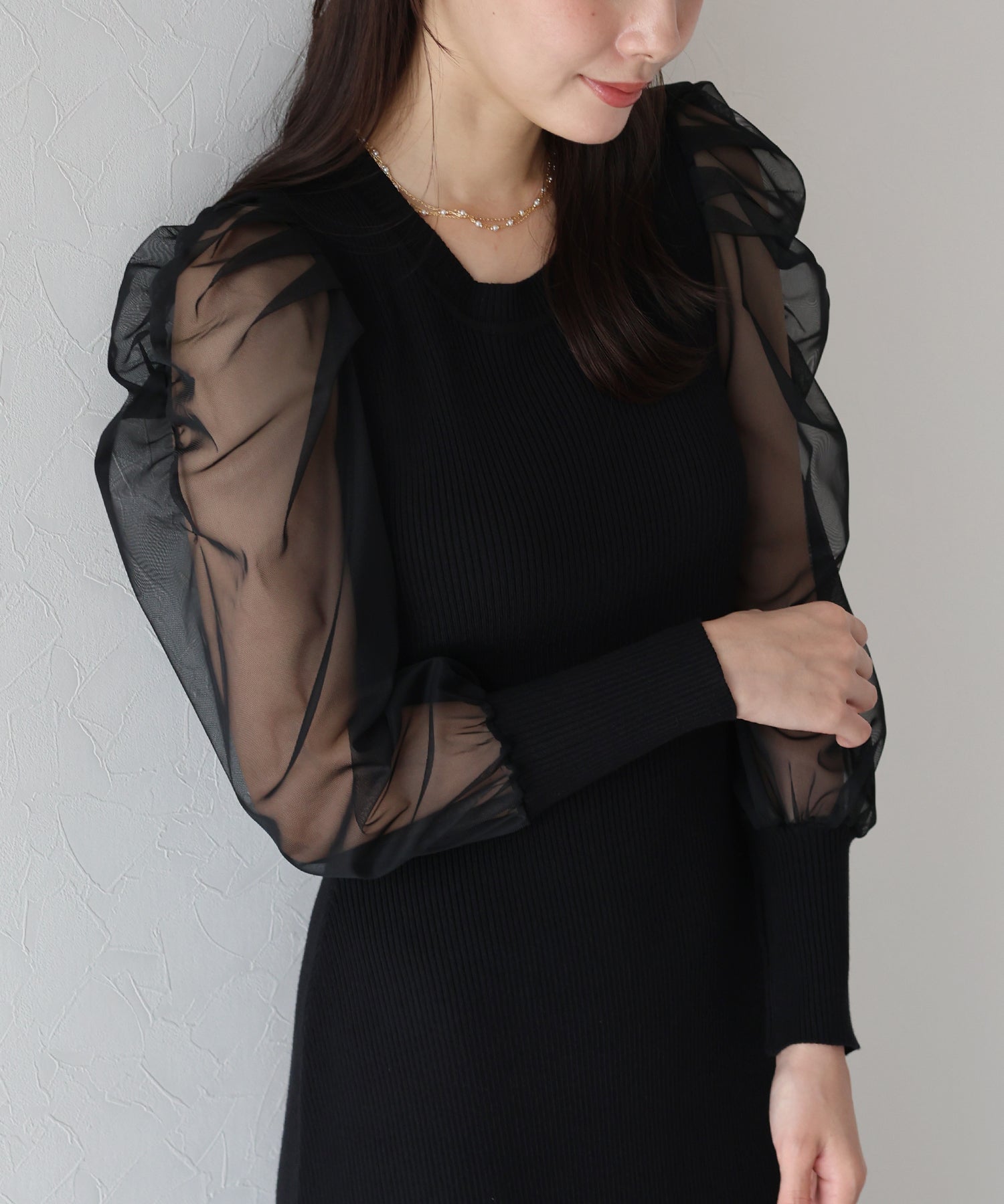 【TIME SALE】チュール袖マーメイドニットワンピース