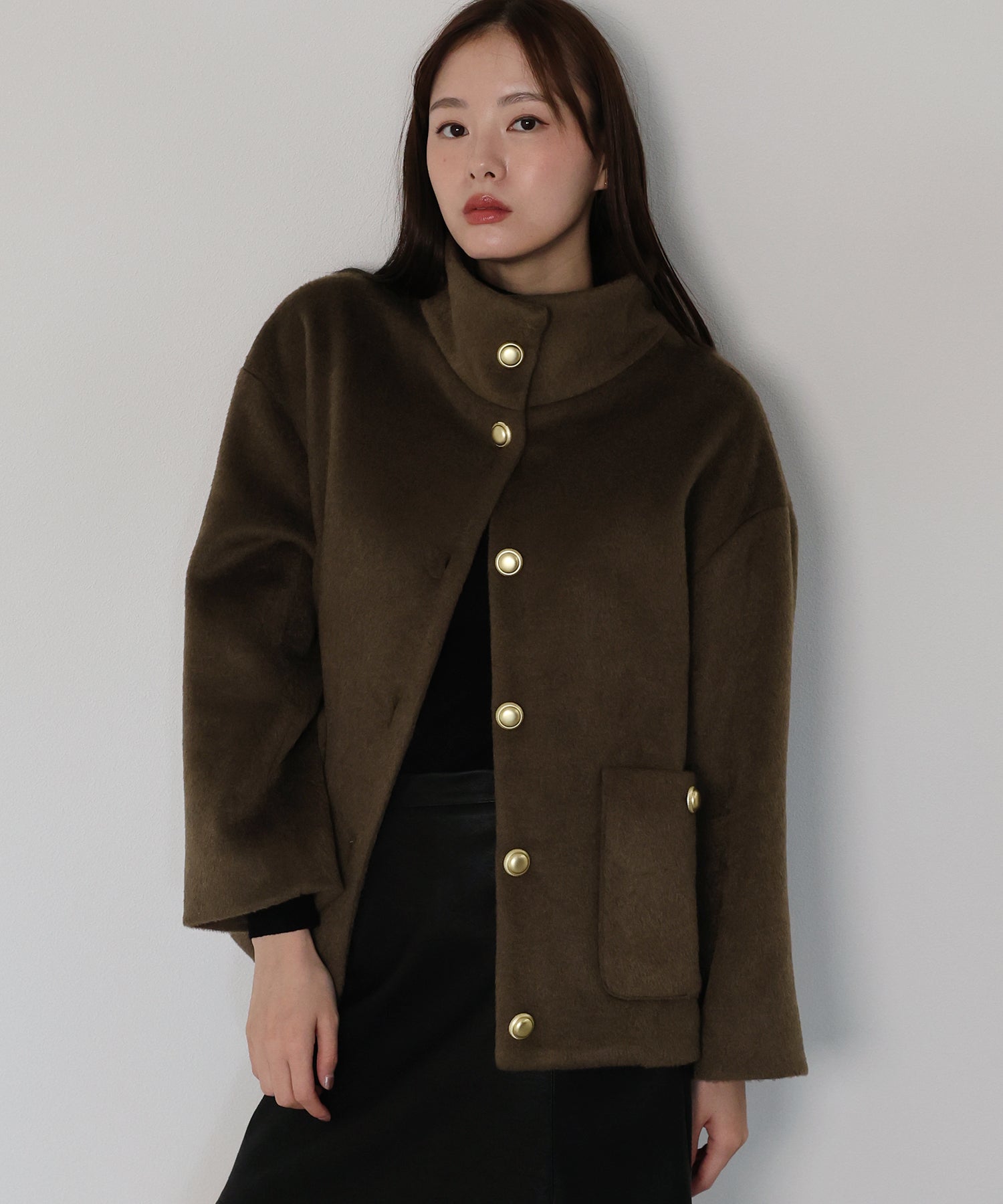 ゴールドボタンスタンドウールシャギーコート