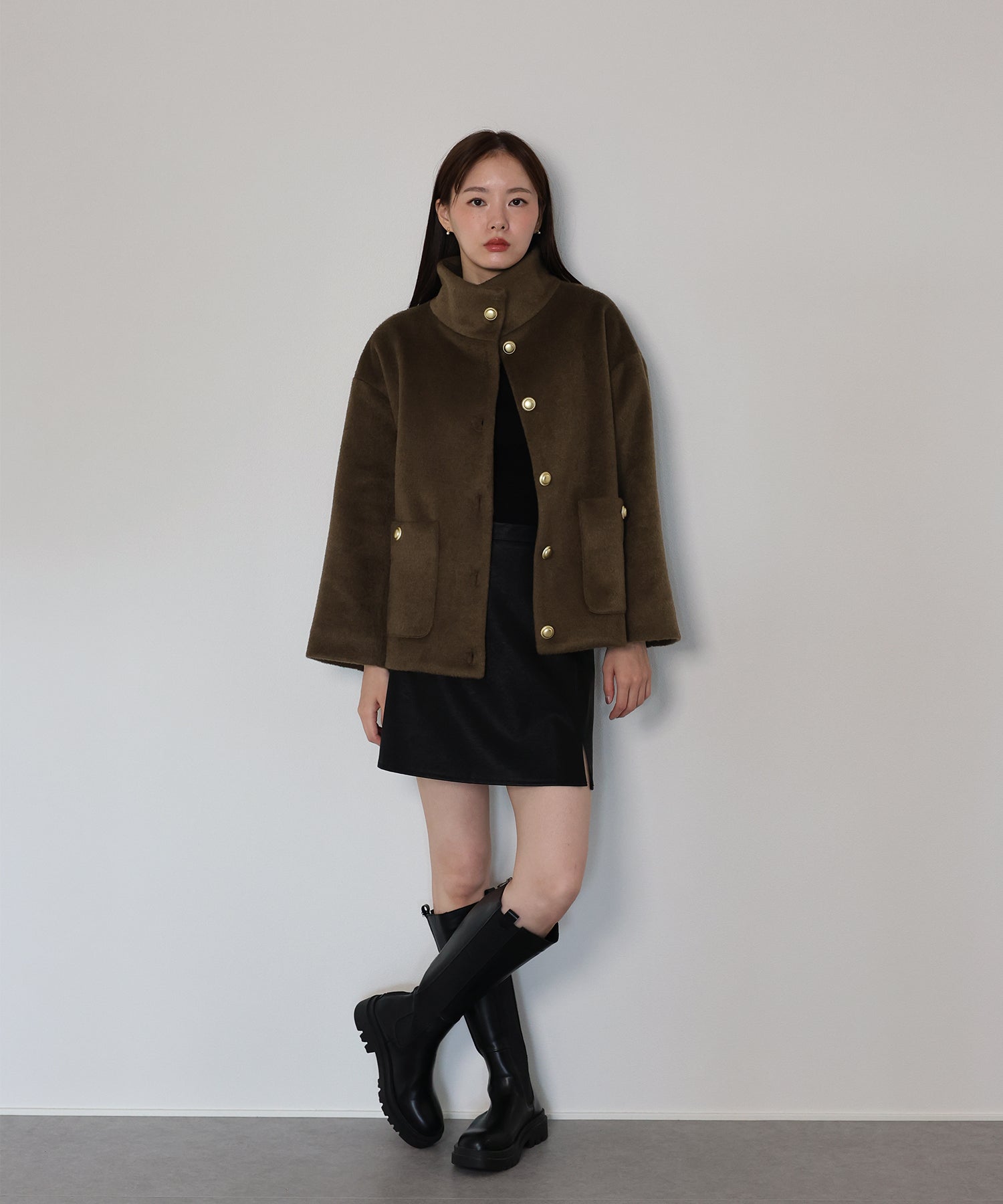 ゴールドボタンスタンドウールシャギーコート